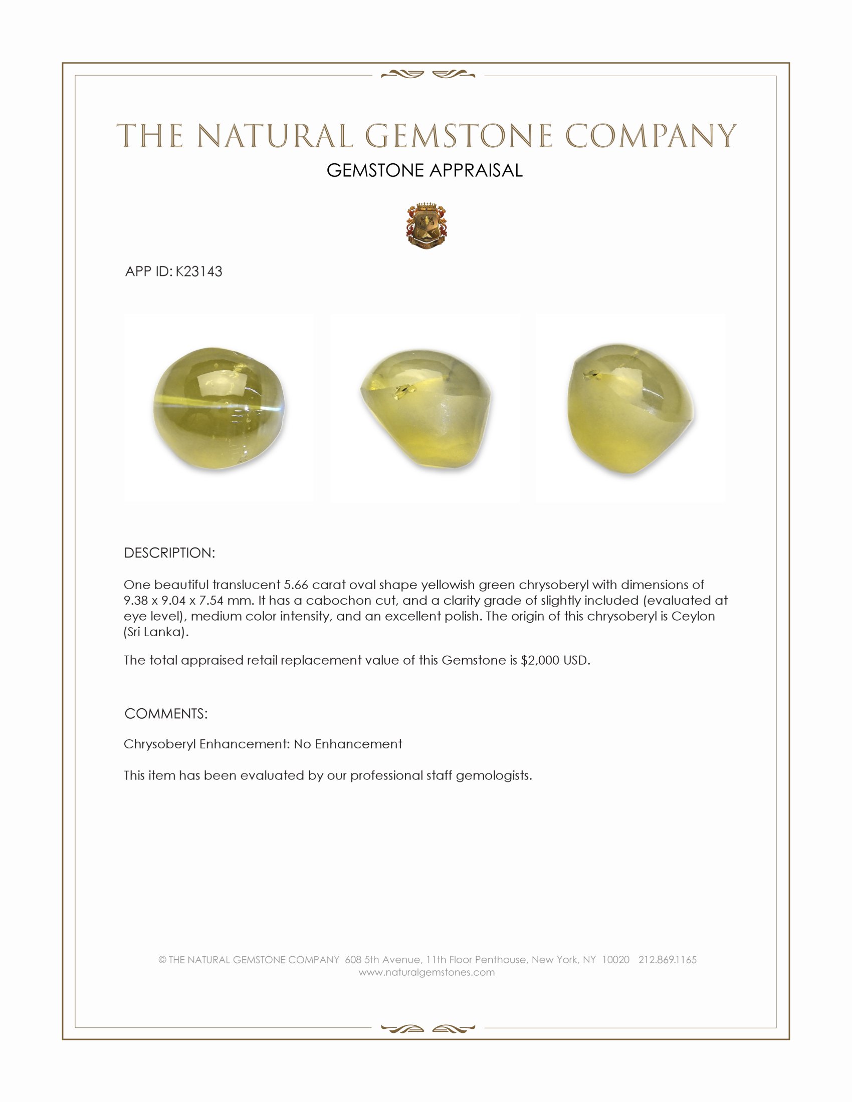5.66 Ct. Yellowish Green Cabochon Chrysoberyl from Ceylon (Sri Lanka)