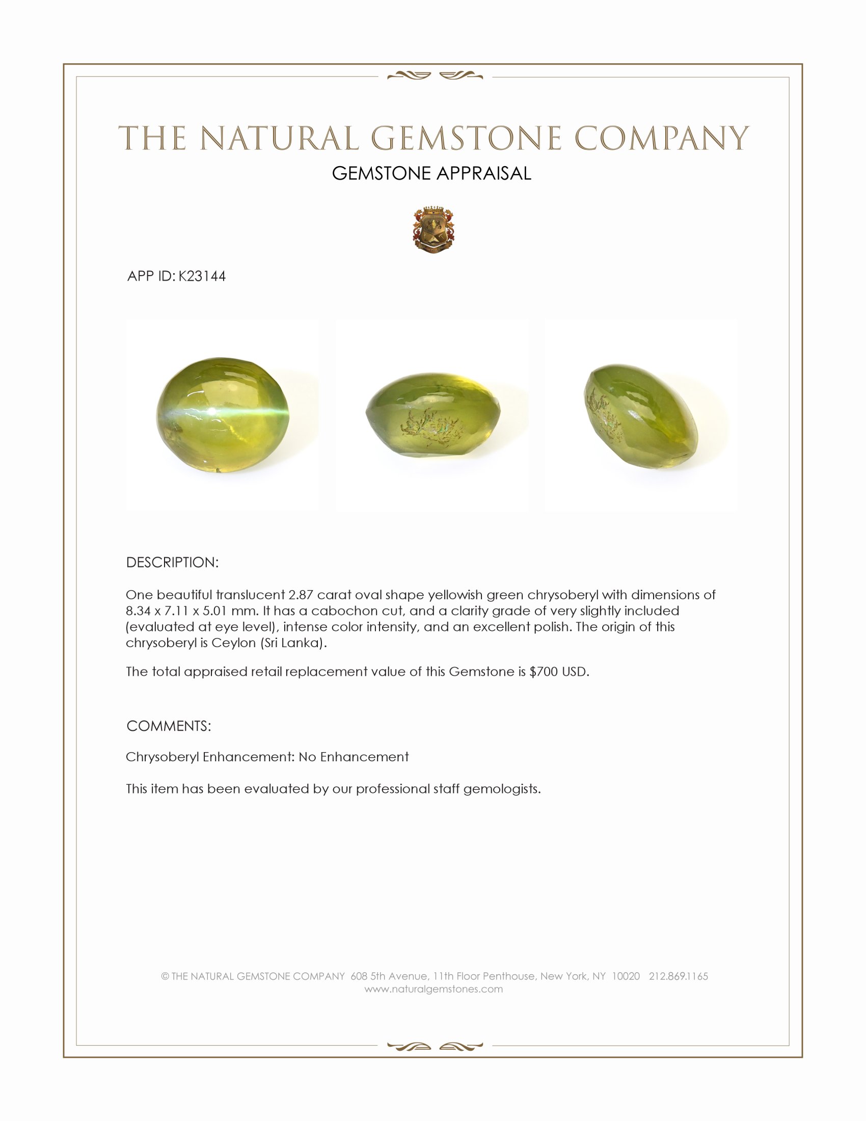 2.87 Ct. Yellowish Green Cabochon Chrysoberyl from Ceylon (Sri Lanka)