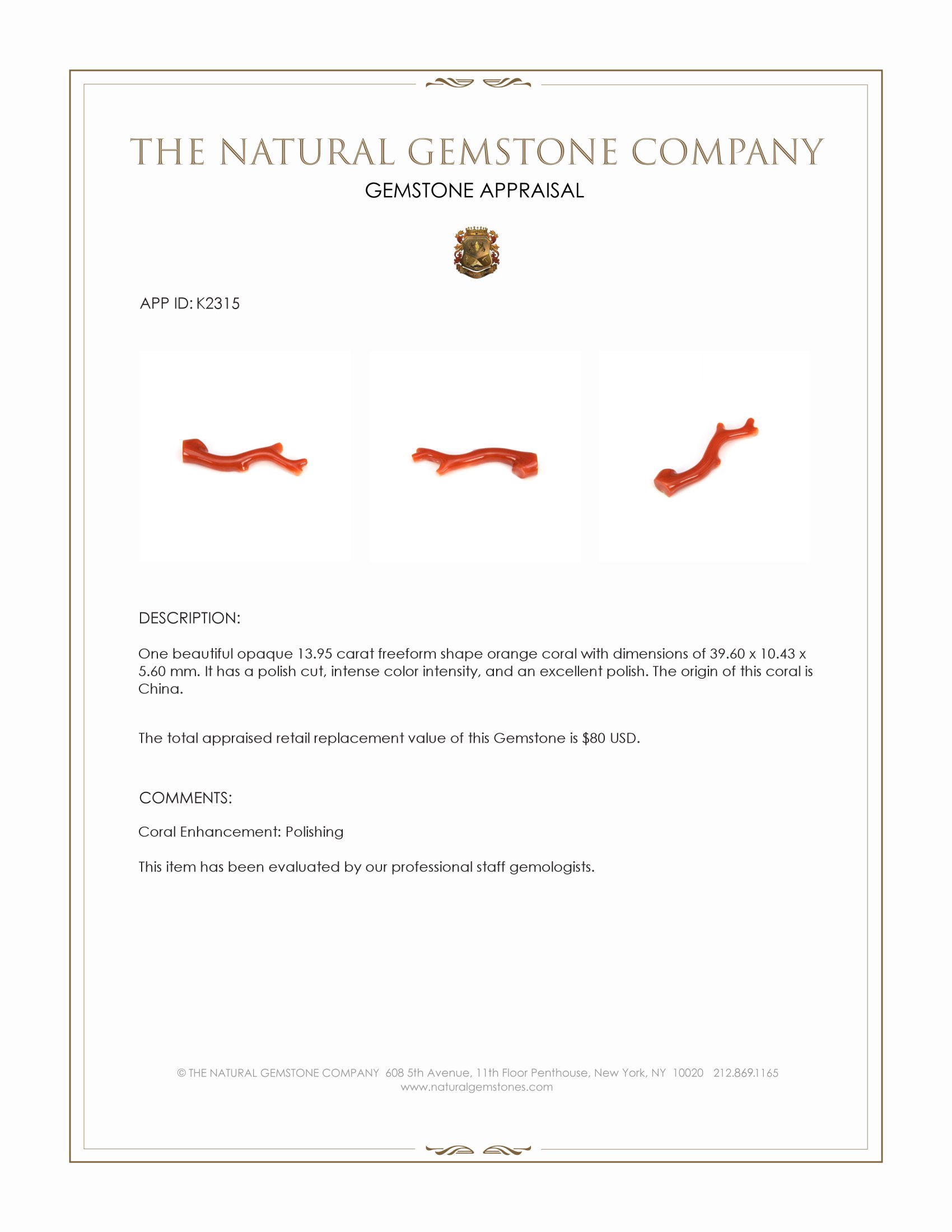 13.95 Ct. Coral from China