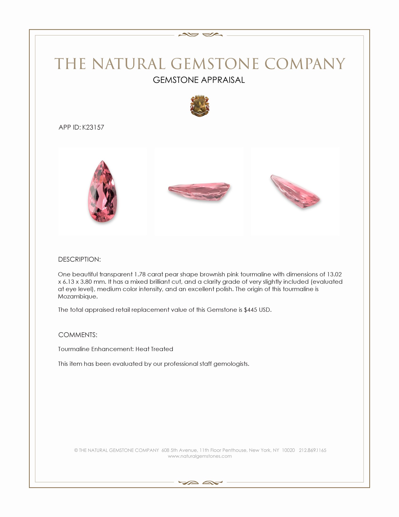 1.78 Ct. Brownish Pink Tourmaline from Mozambique