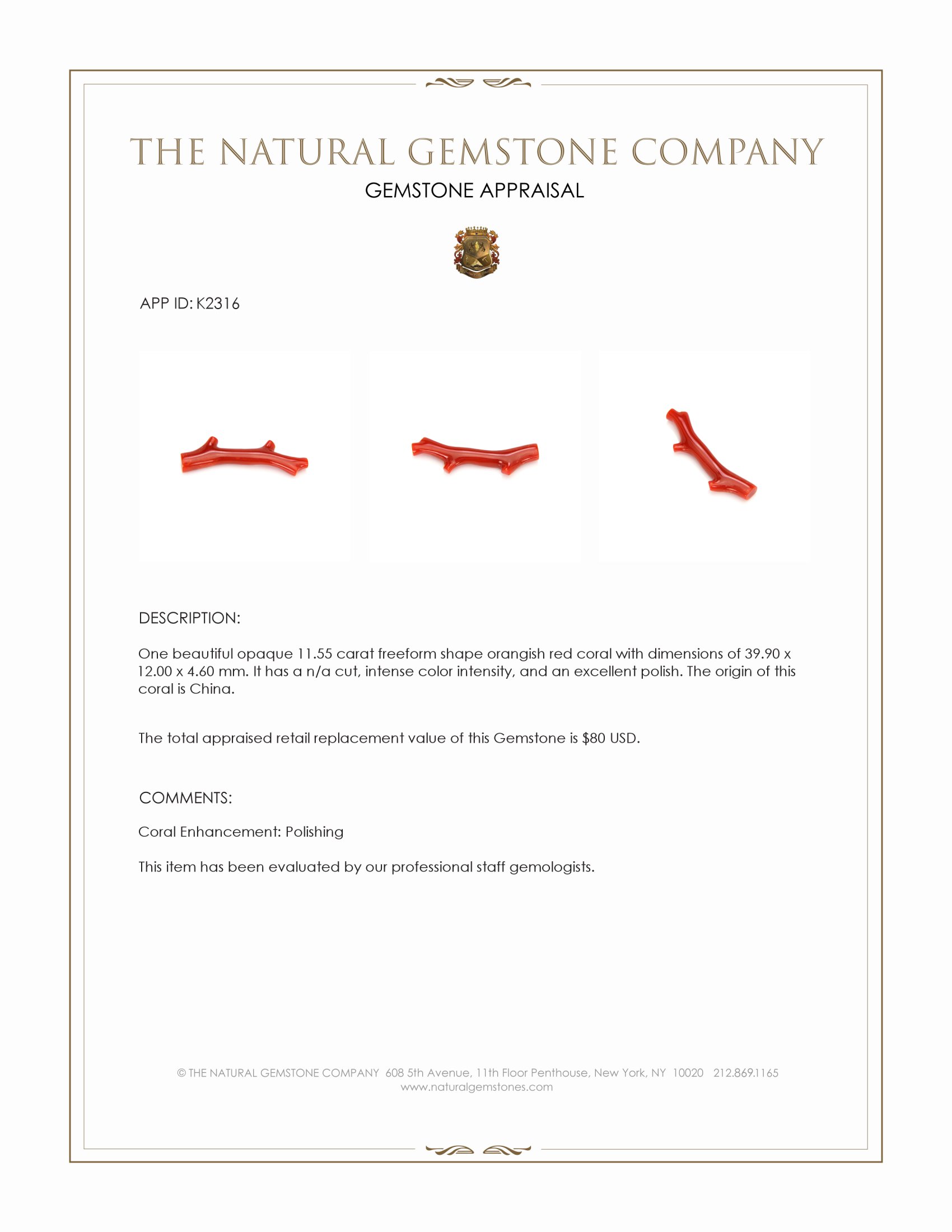 11.55 Ct. Orangish Red Coral Crystal from China