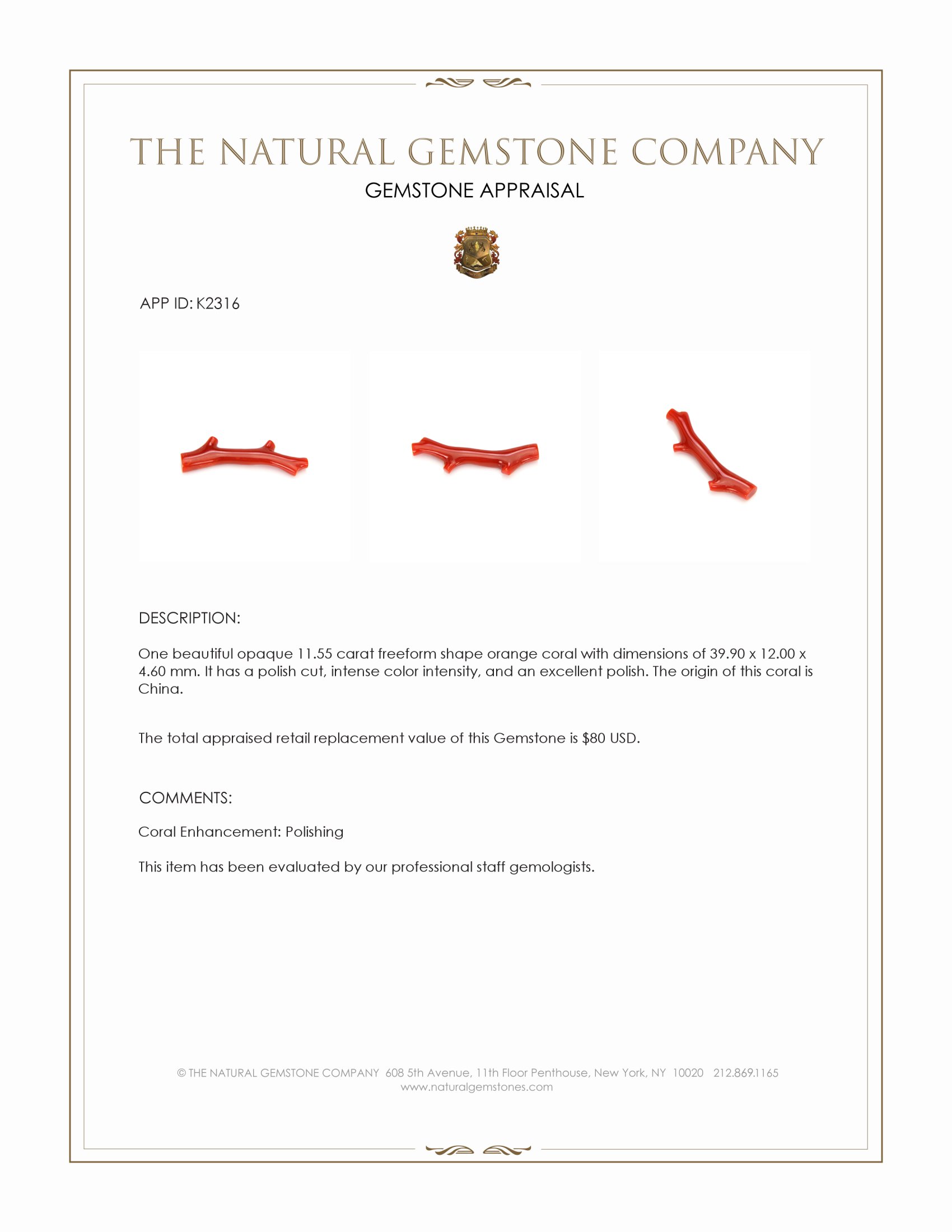 11.55 Ct. Coral from China