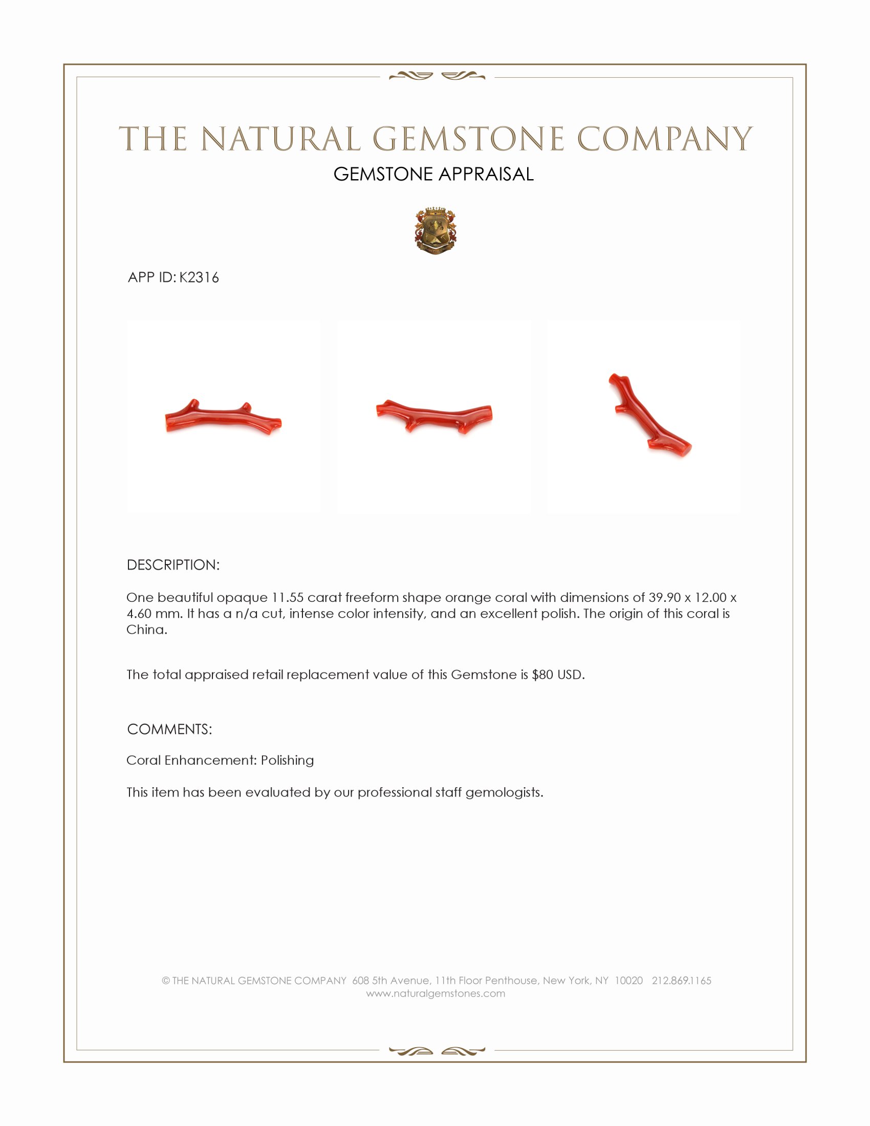 11.55 Ct. Coral from China