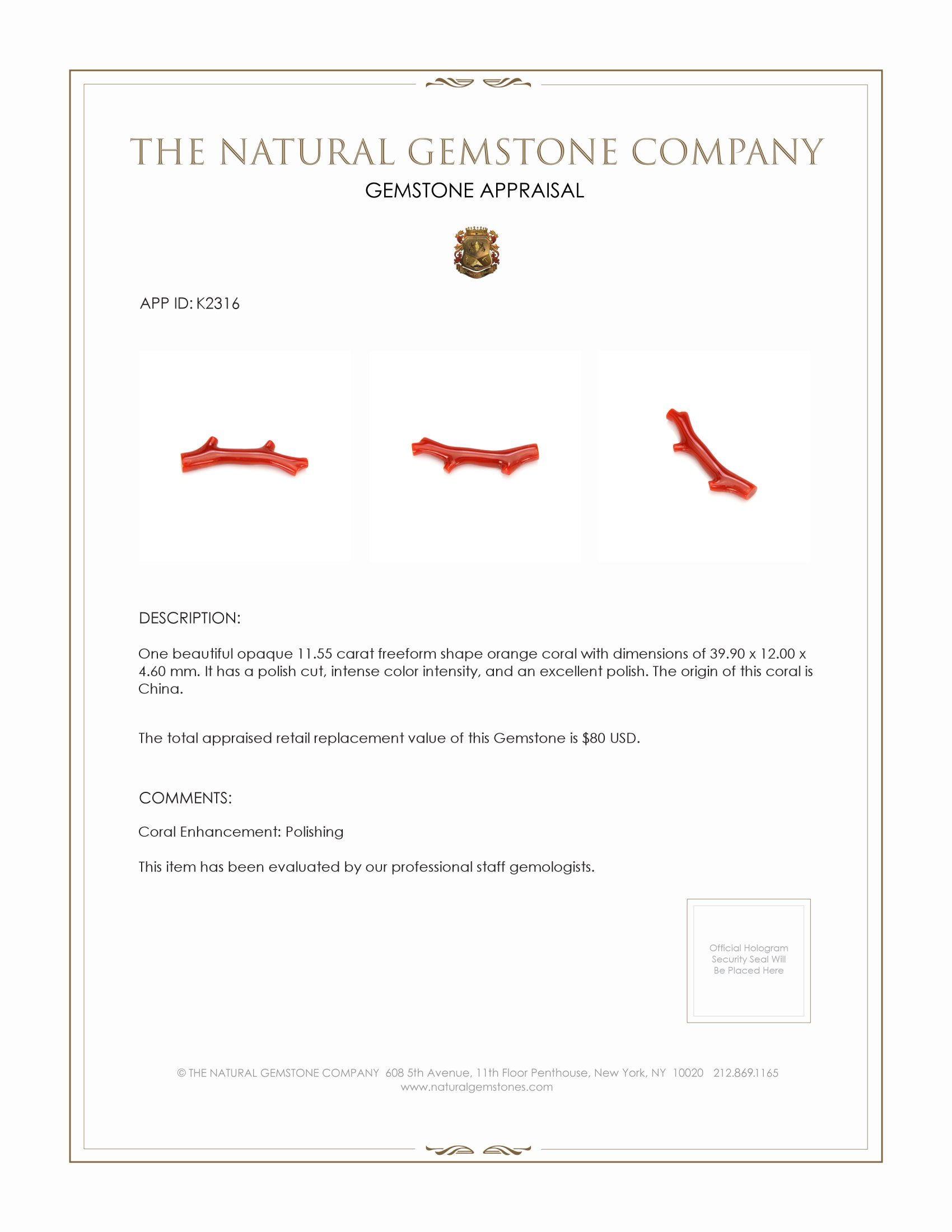 11.55 Ct. Coral from China