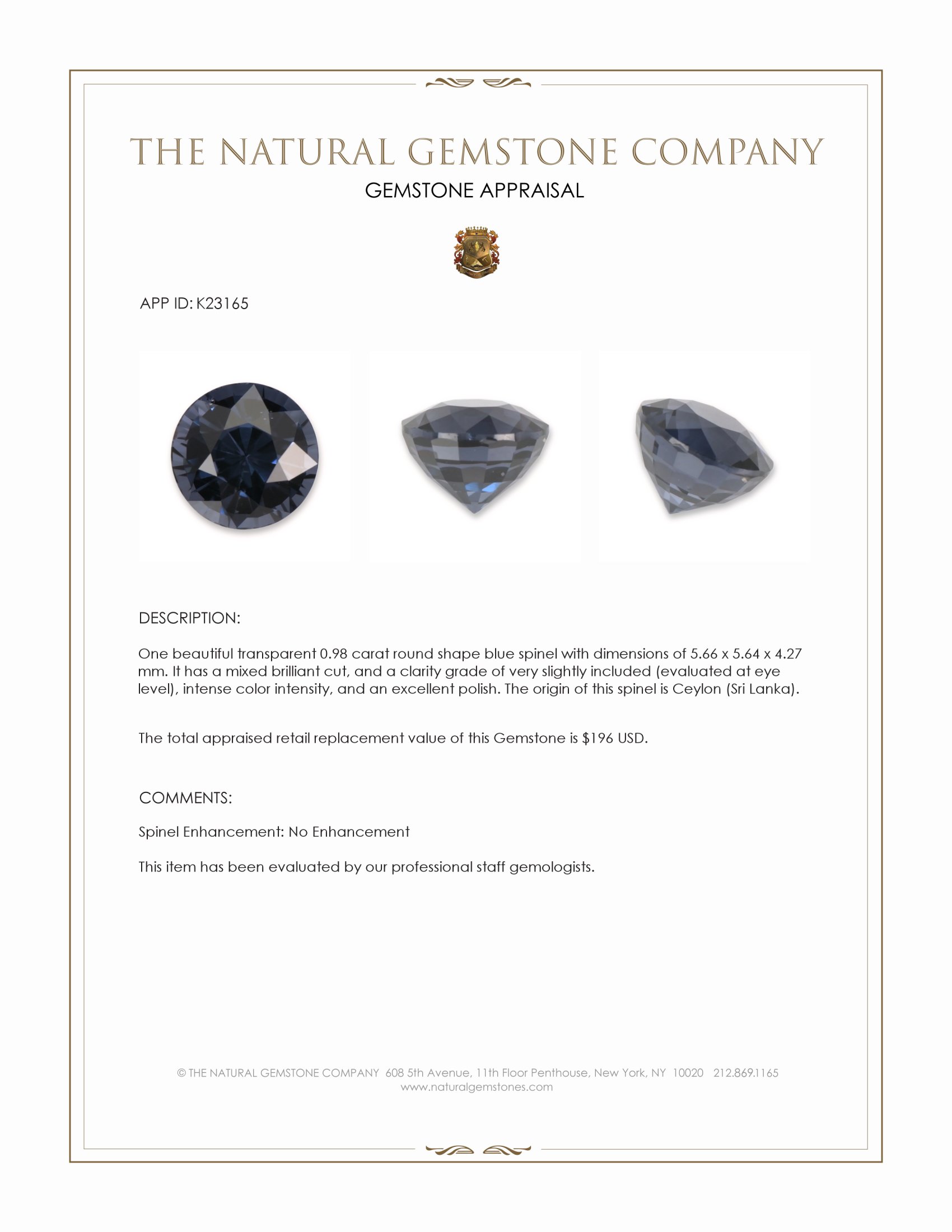 0.98 Ct. Blue Spinel from Ceylon (Sri Lanka)
