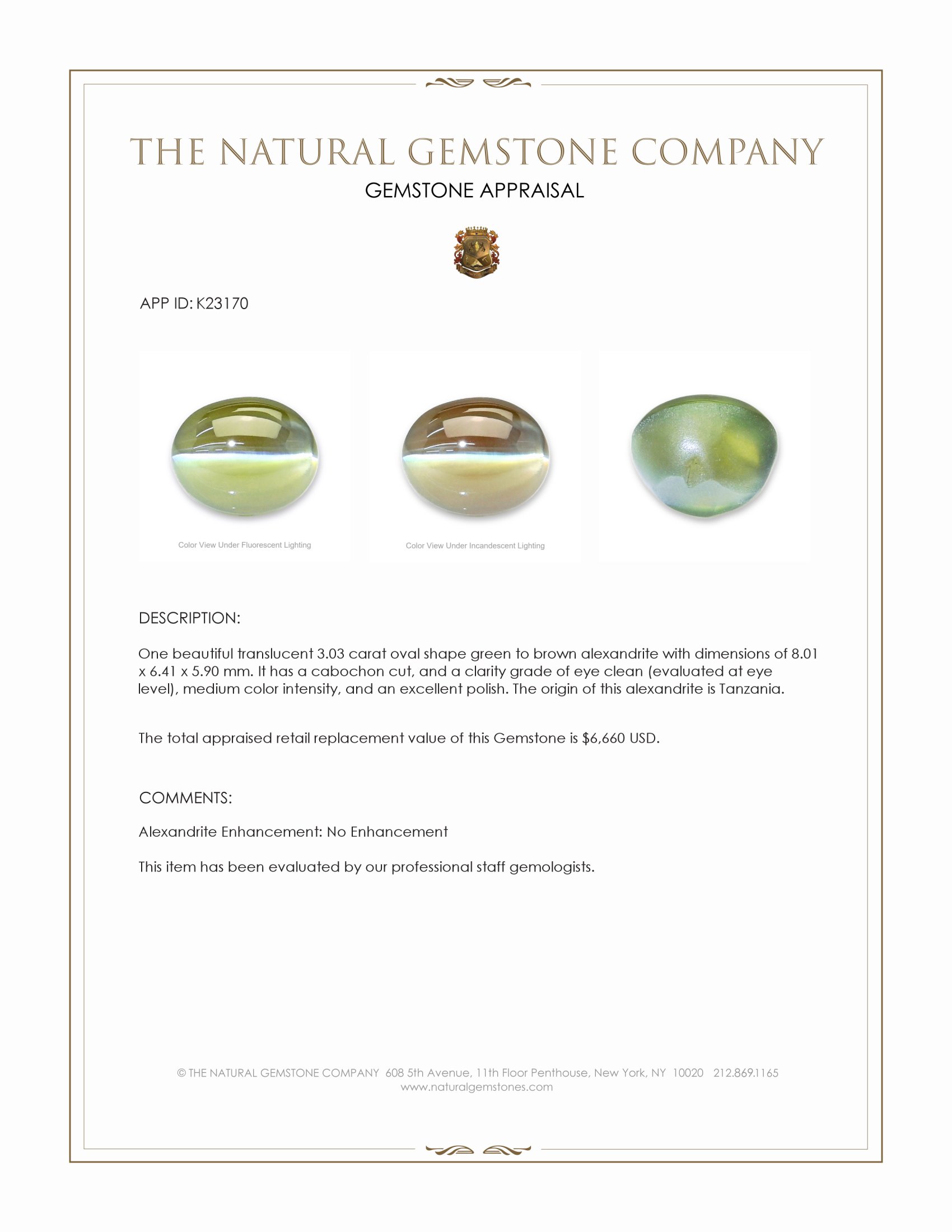 3.03 Ct. Cabochon Alexandrite from Tanzania