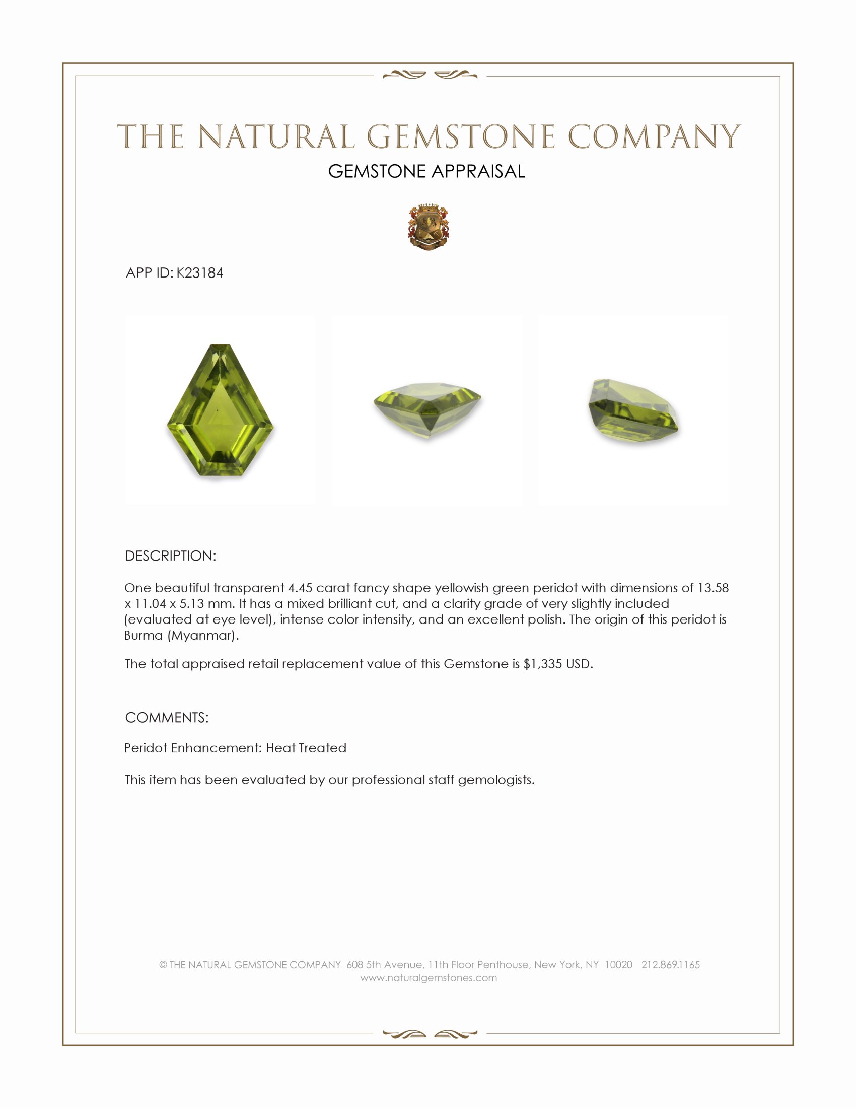 4.45 Ct. Yellowish Green Peridot from Burma (Myanmar)