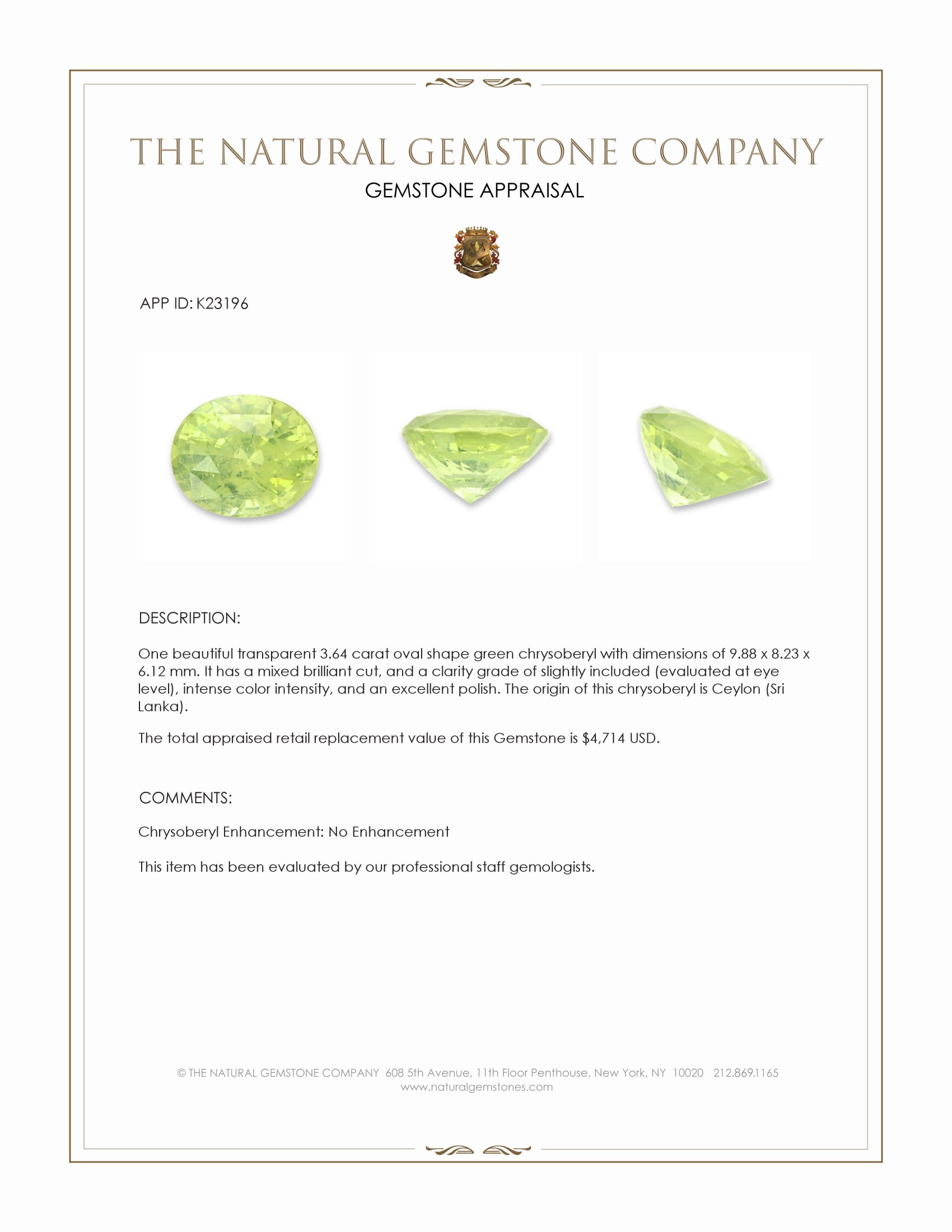 3.64 Ct. Green Chrysoberyl from Ceylon (Sri Lanka)