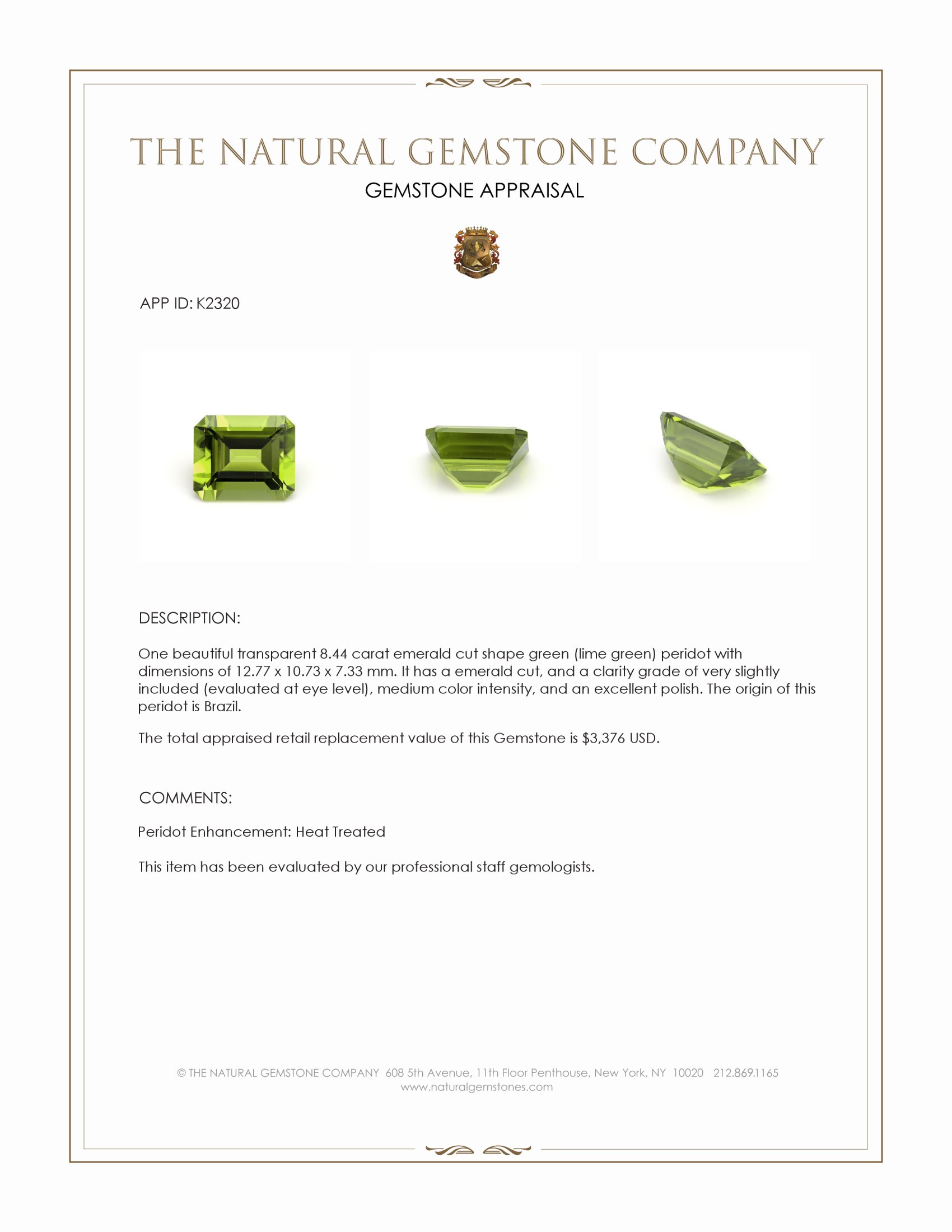 8.44 Ct. Green (Lime Green) Peridot from Brazil