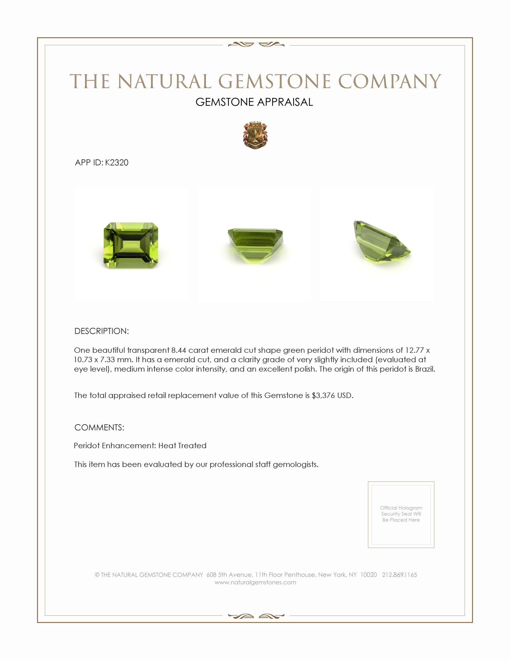 8.44 Ct. Peridot from Brazil