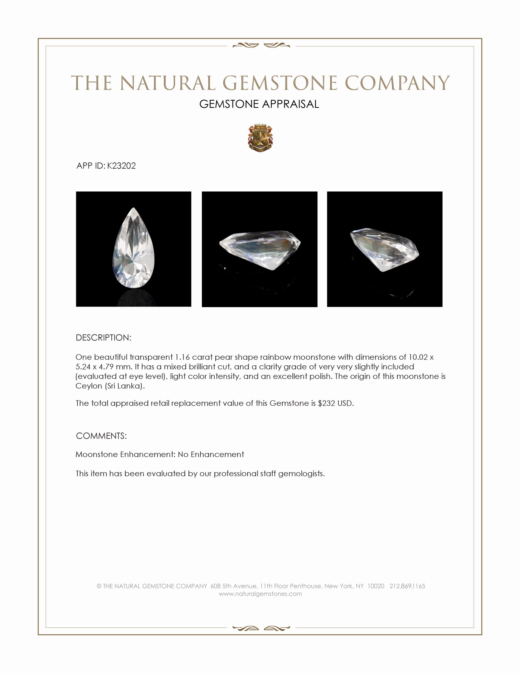 1.16 Ct. Moonstone from Ceylon (Sri Lanka)