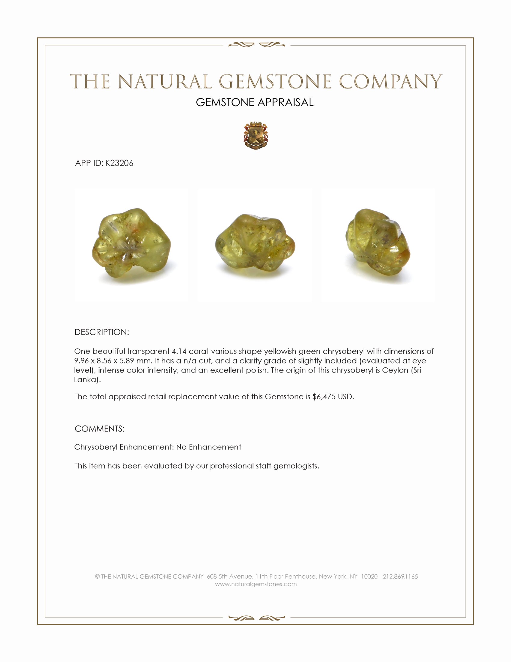 4.14 Ct. Yellowish Green Chrysoberyl from Ceylon (Sri Lanka)