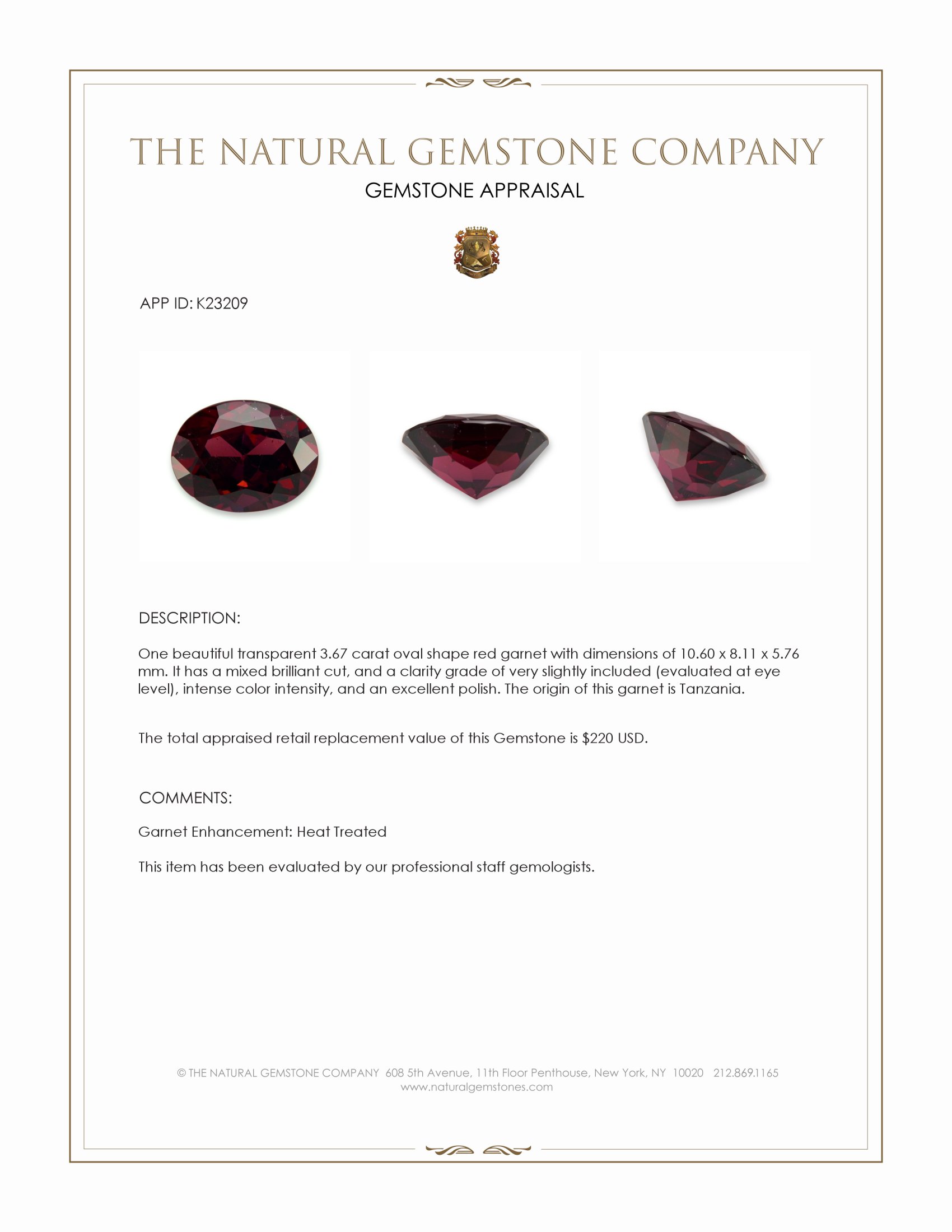 3.67 Ct. Red Garnet from Tanzania