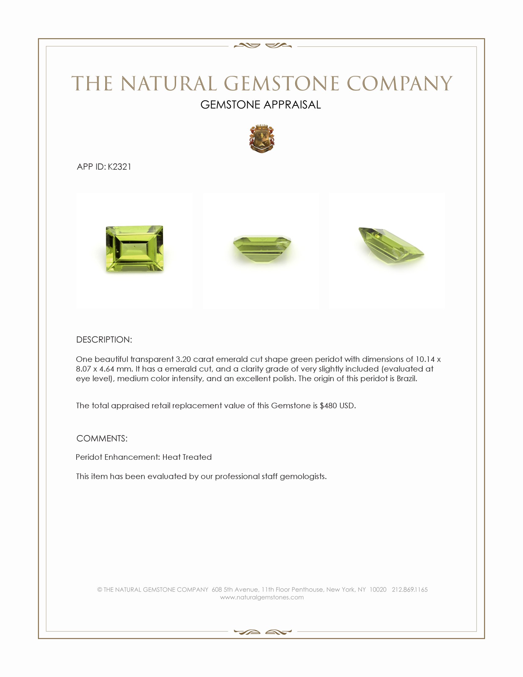 3.20 Ct. Green (Lime Green) Peridot from Brazil