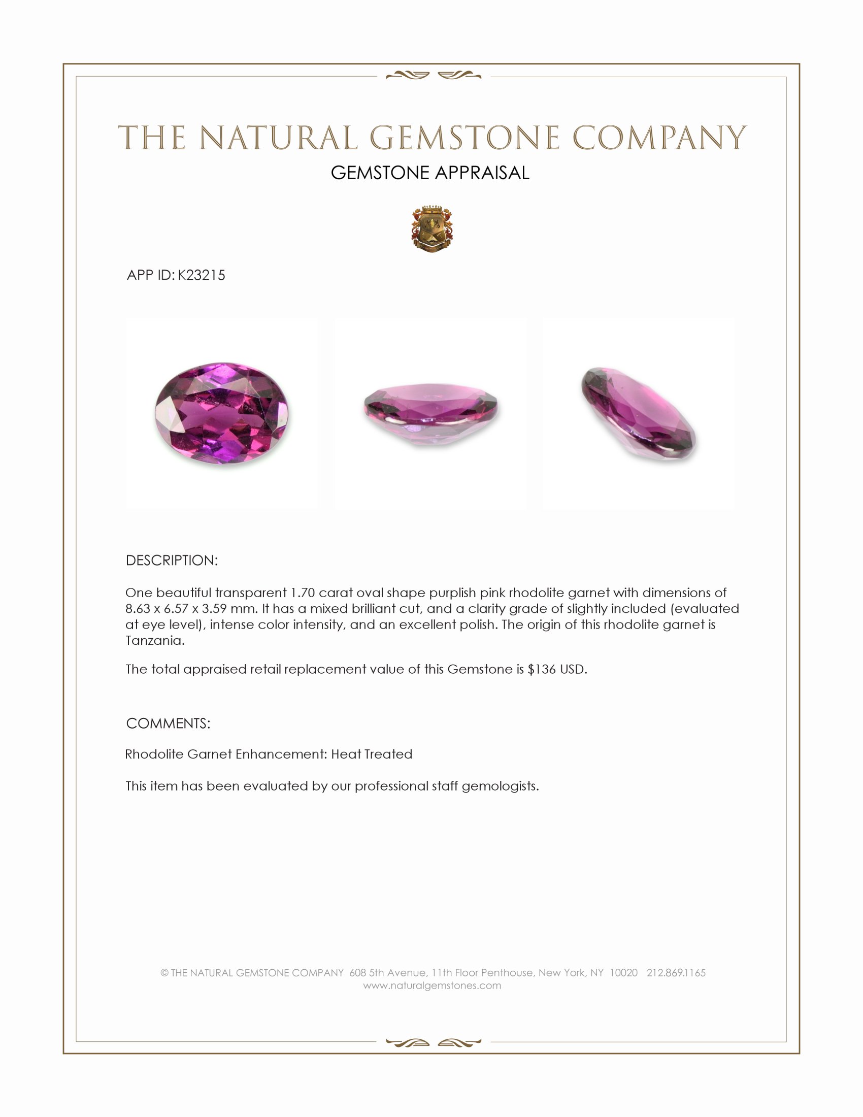 1.70 Ct. Purplish Pink Rhodolite Garnet from Tanzania