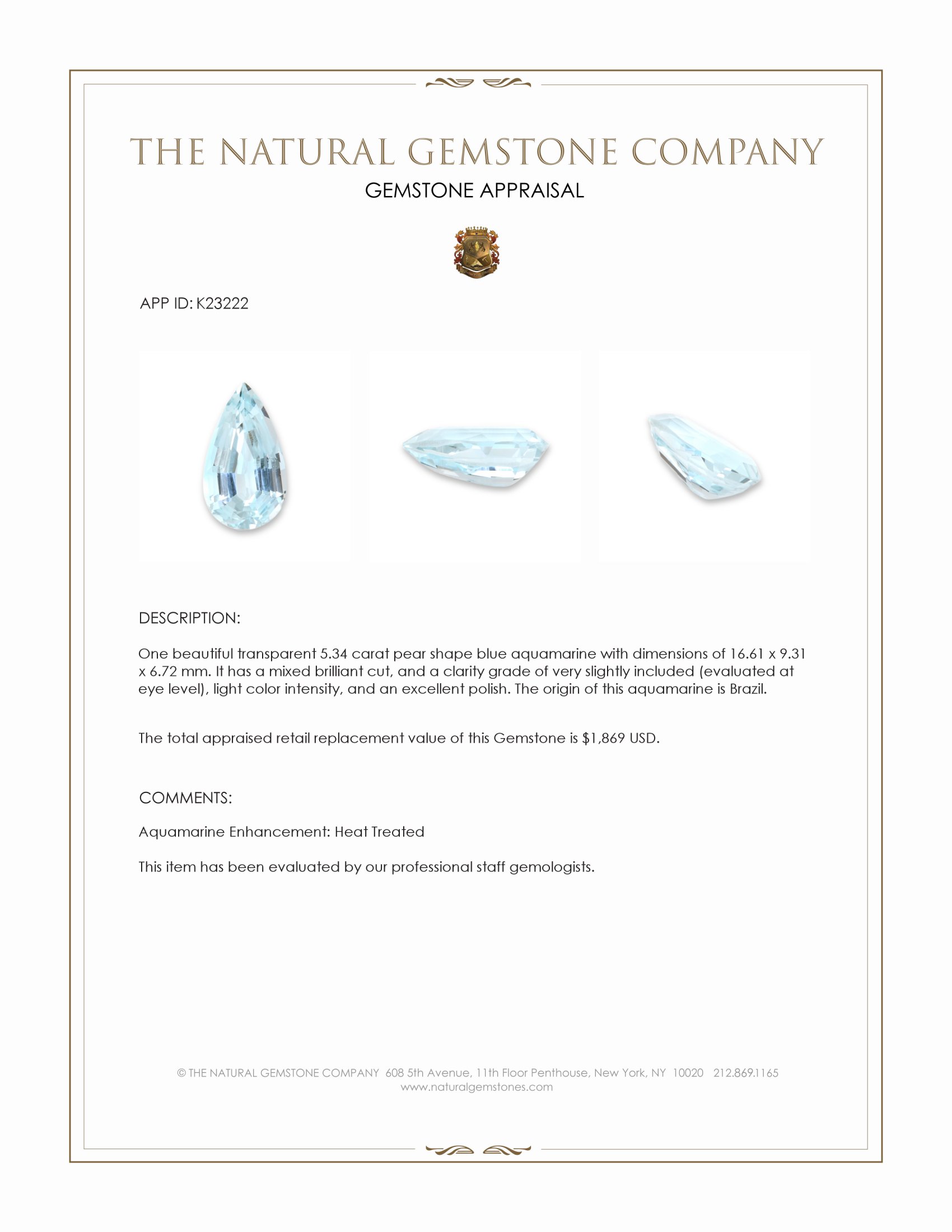 5.34 Ct. Blue Aquamarine from Brazil