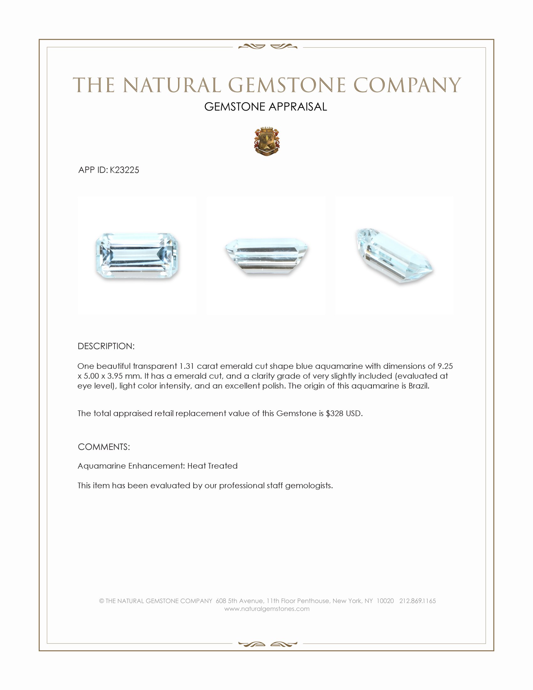 1.31 Ct. Blue Aquamarine from Brazil