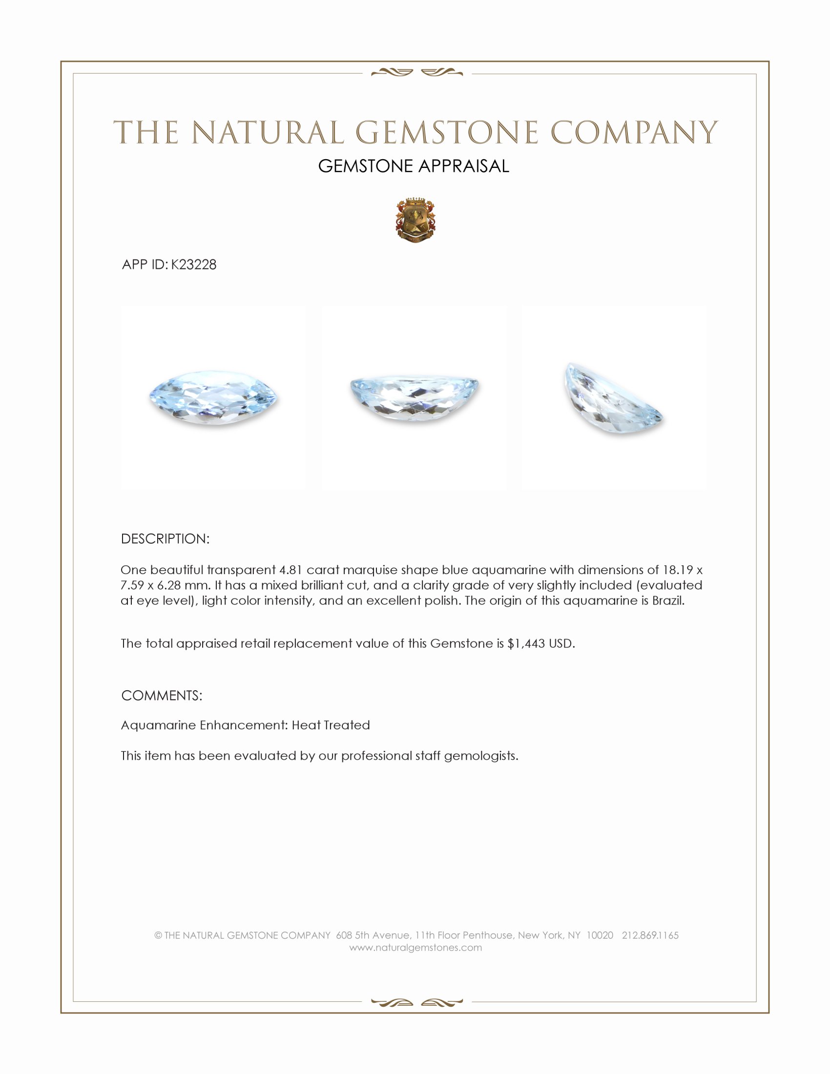 4.81 Ct. Blue Aquamarine from Brazil