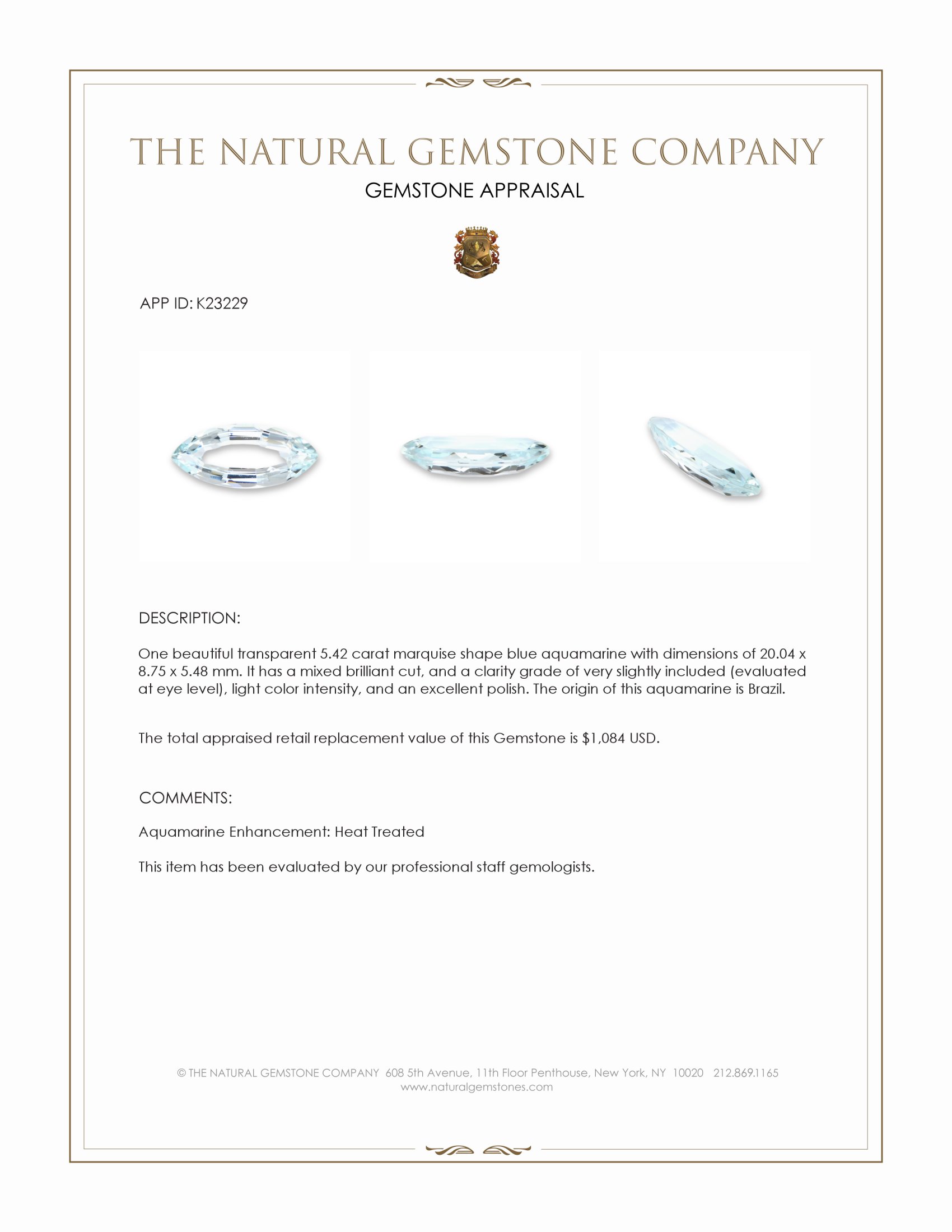 5.42 Ct. Blue Aquamarine from Brazil