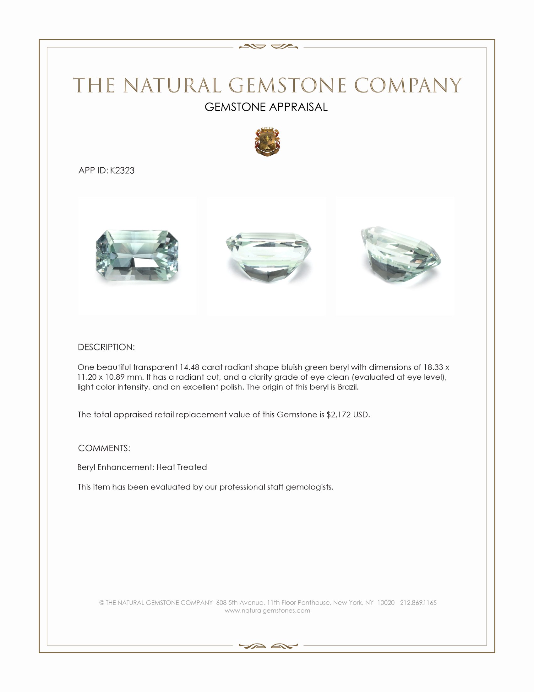 14.48 Ct. Bluish Green Beryl from Brazil