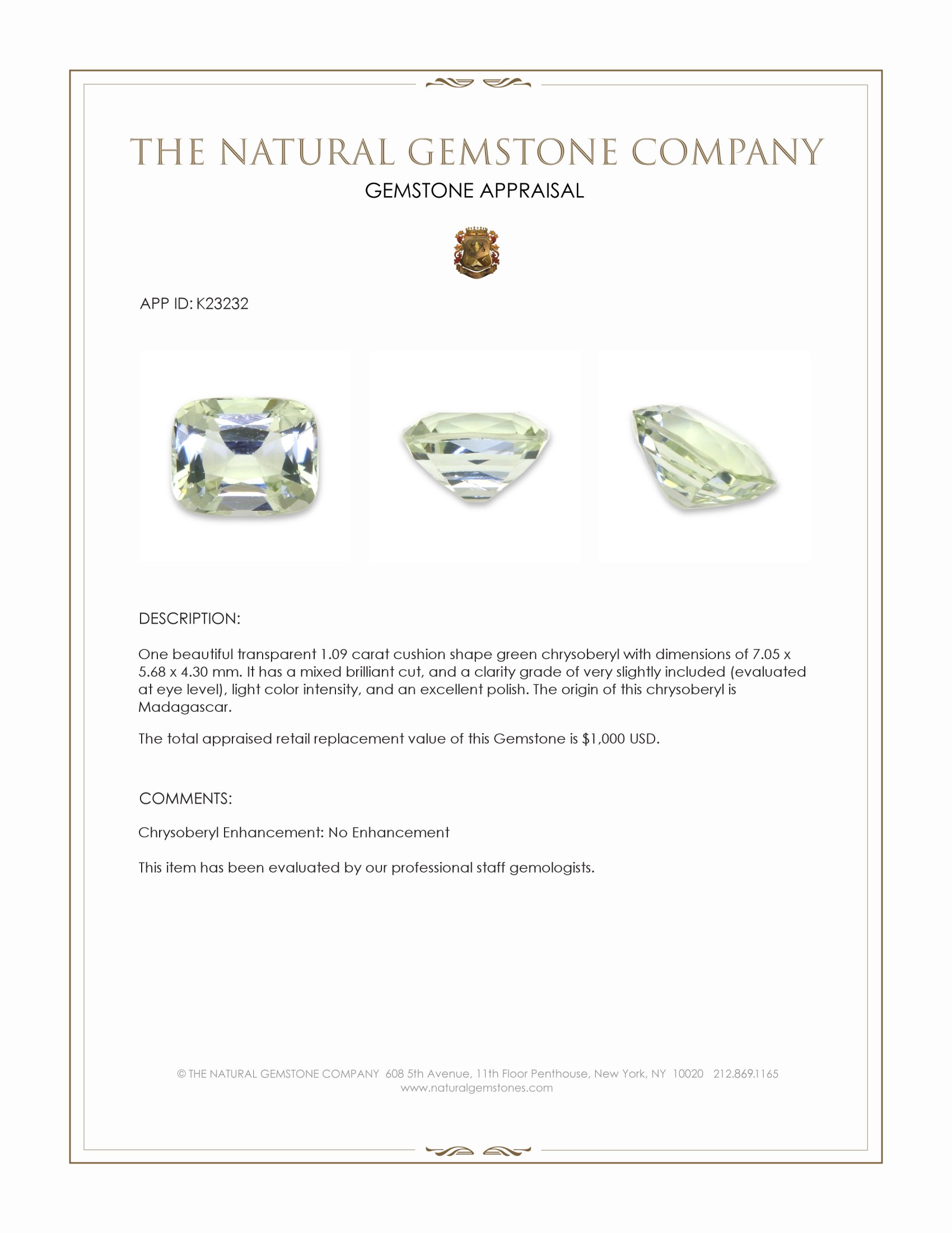 1.09 Ct. Green Chrysoberyl from Madagascar