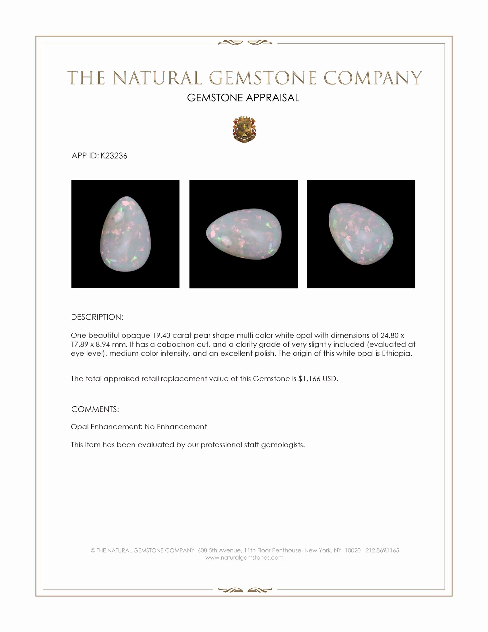 19.43 Ct. Multi Color Cabochon White Opal from Ethiopia