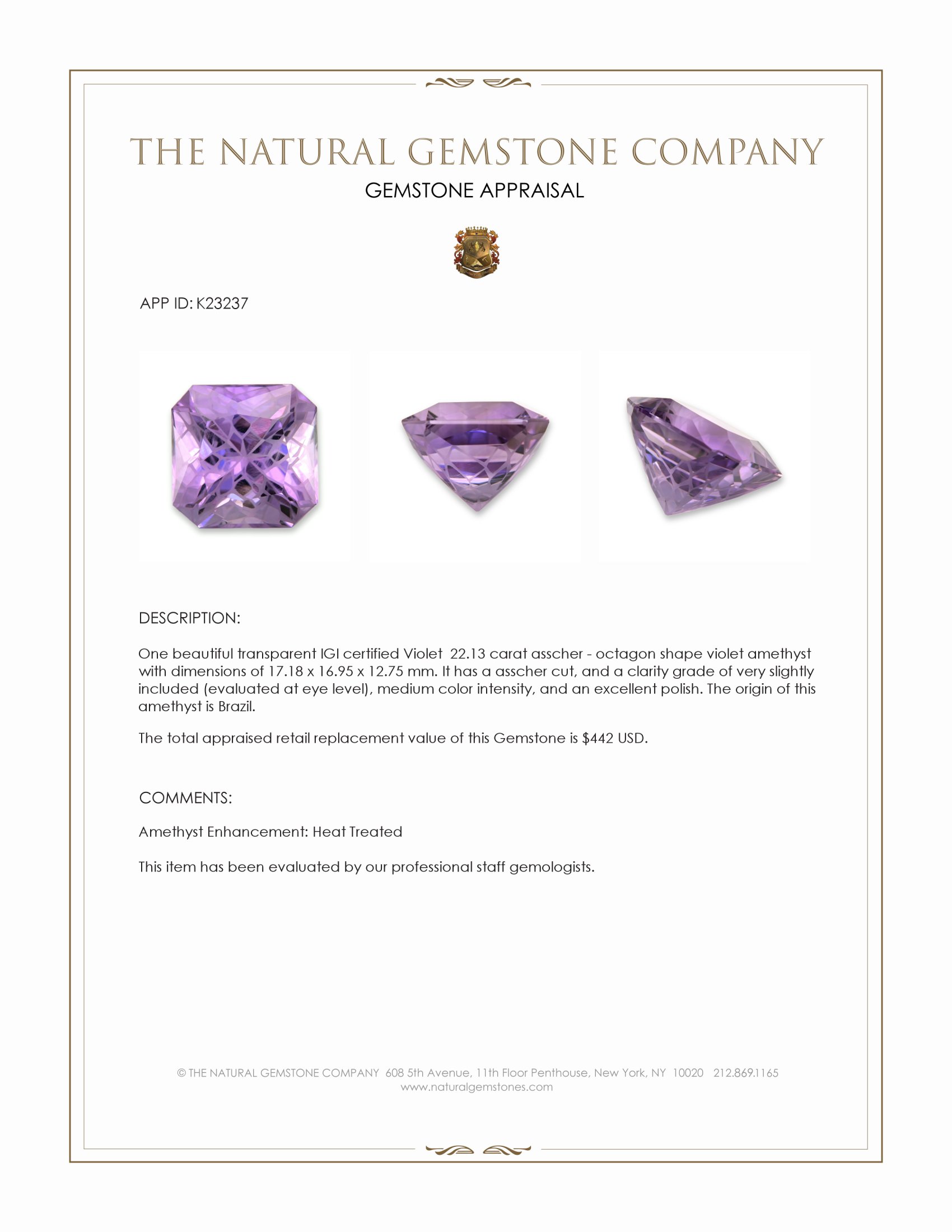 22.13 Ct. Violet Amethyst from Brazil