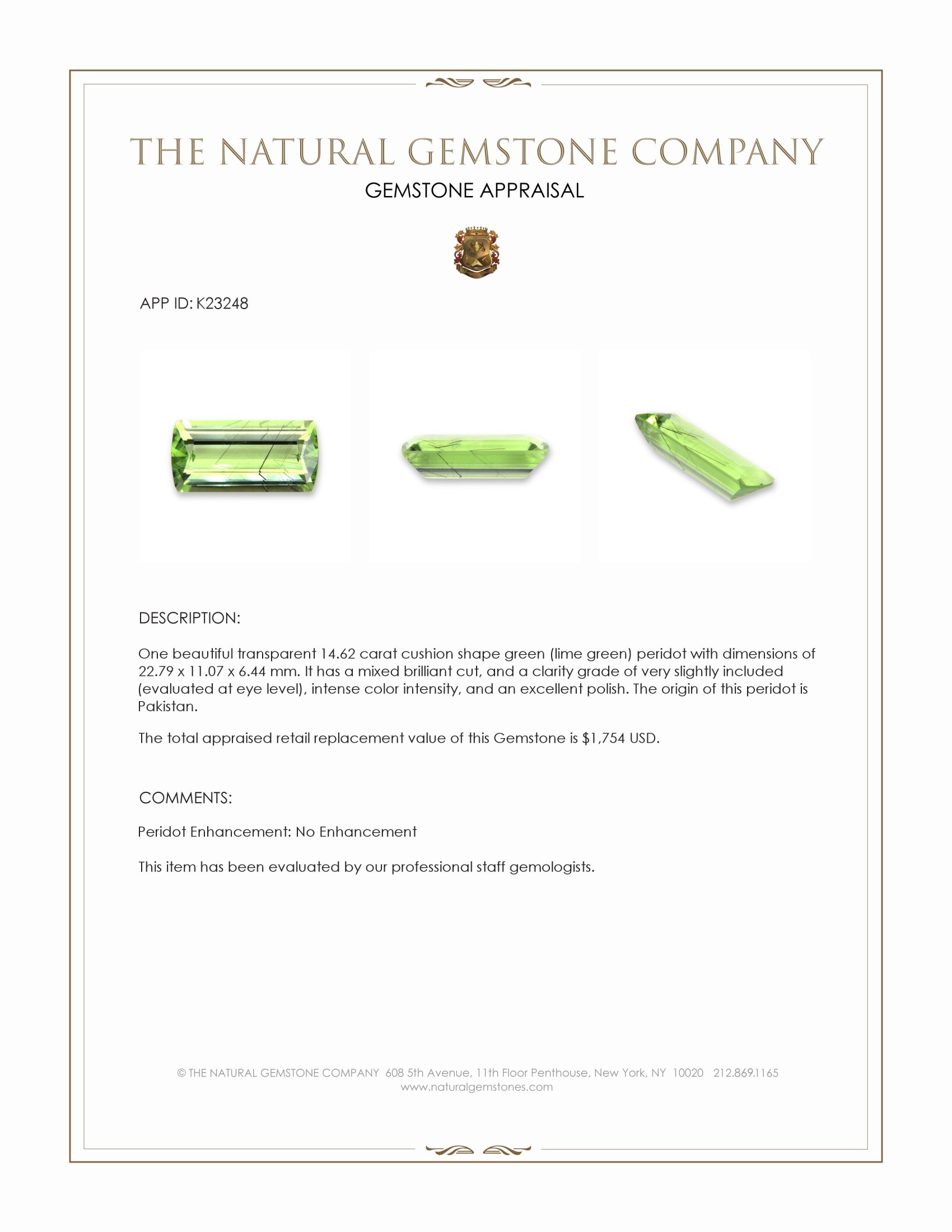 14.62 Ct. Green (Lime Green) Peridot from Pakistan