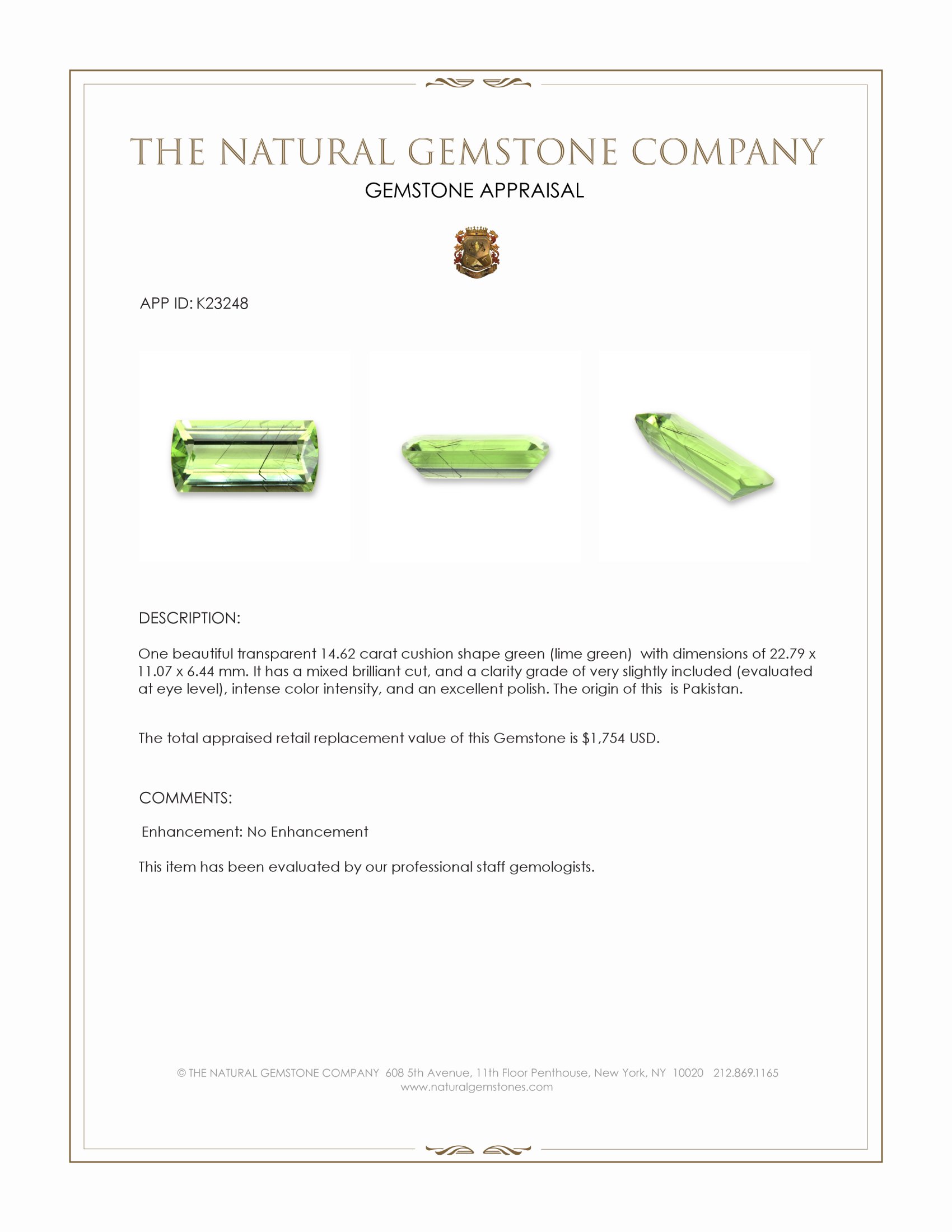 14.62 Ct. Green (Lime Green) Peridot from Pakistan