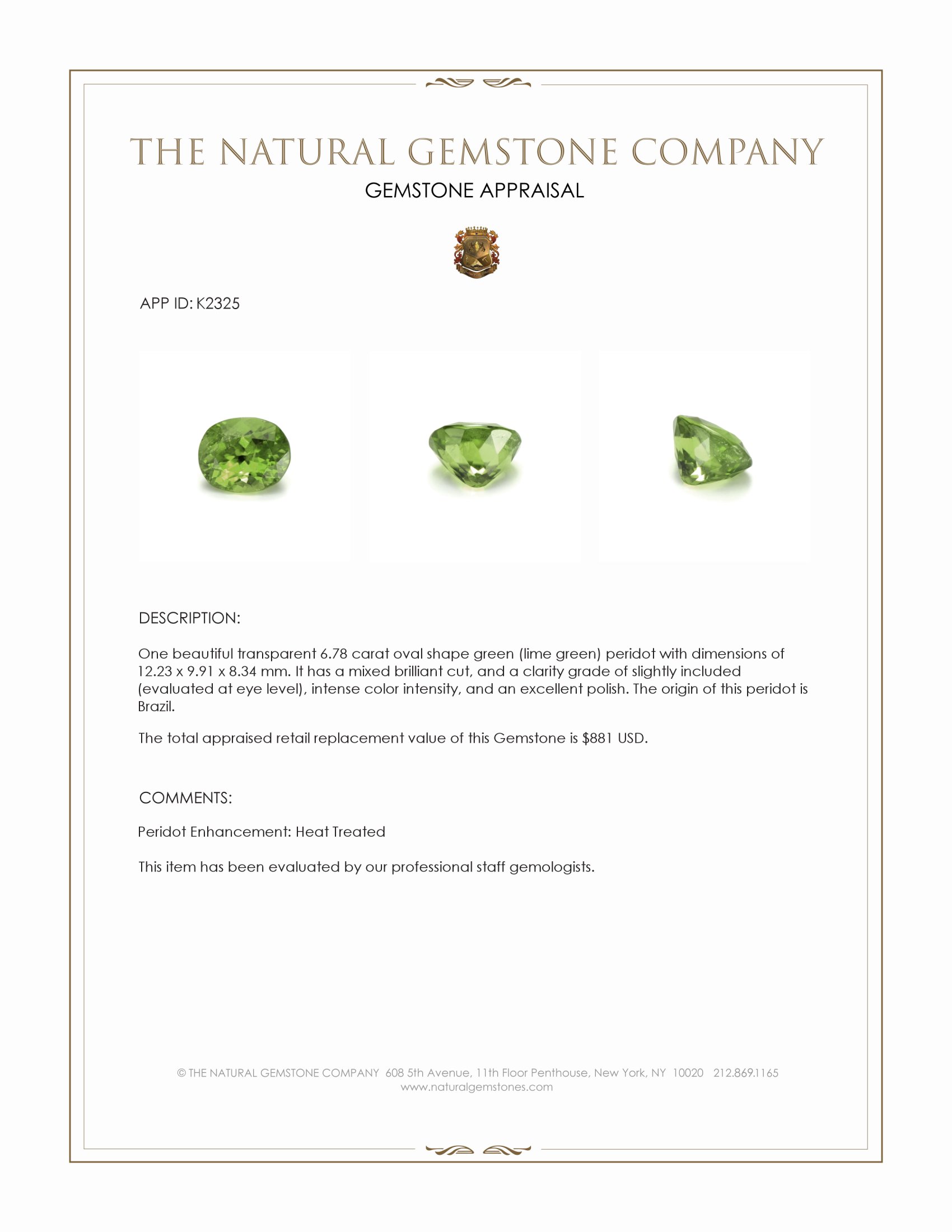 6.78 Ct. Green (Lime Green) Peridot from Brazil
