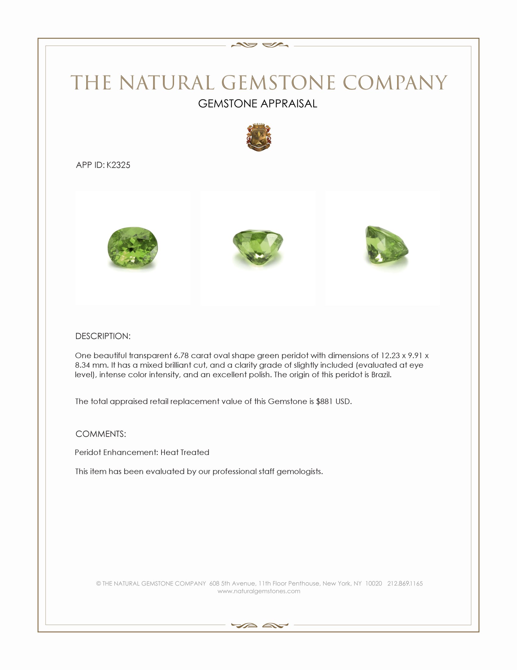 6.78 Ct. Green Peridot from Brazil