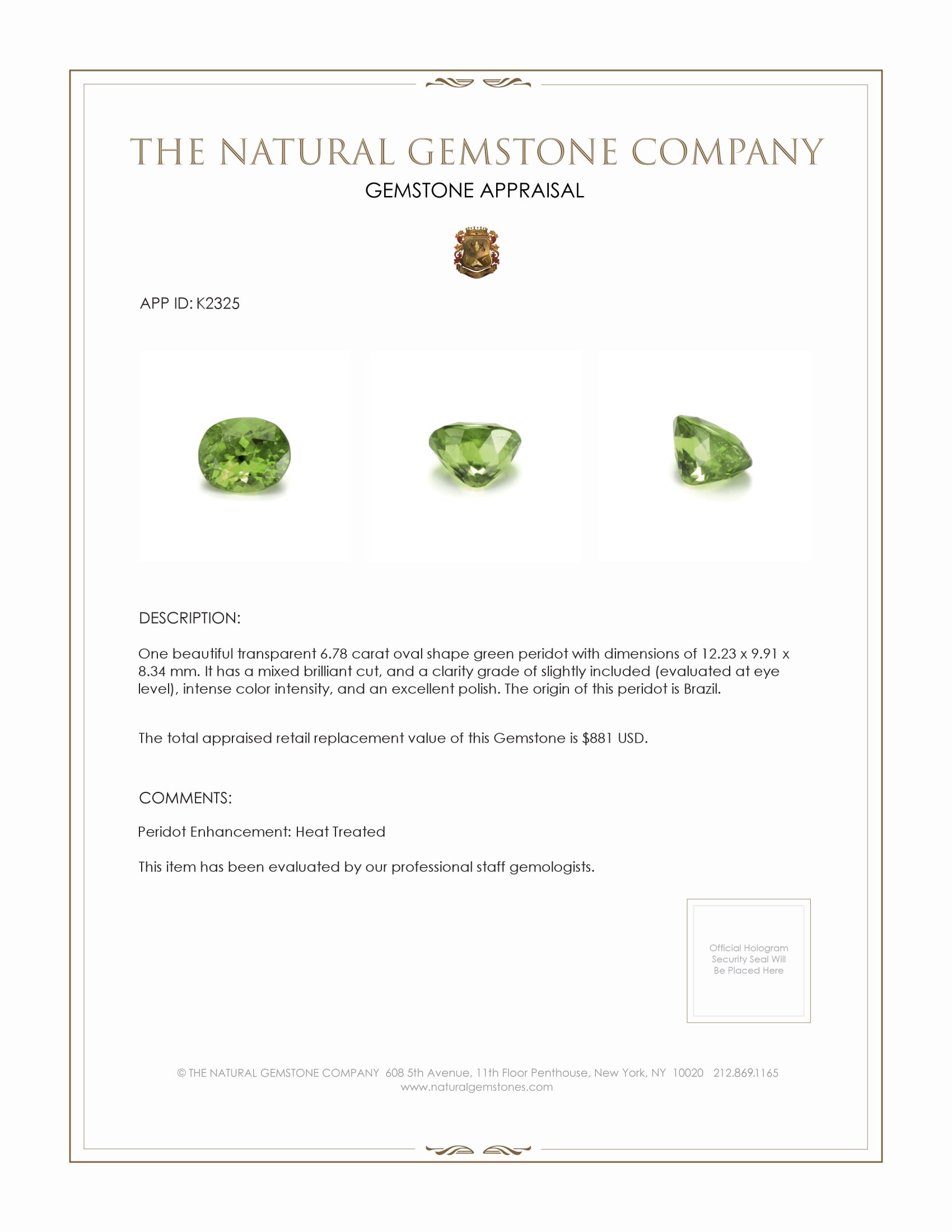 6.78 Ct. Peridot from Brazil