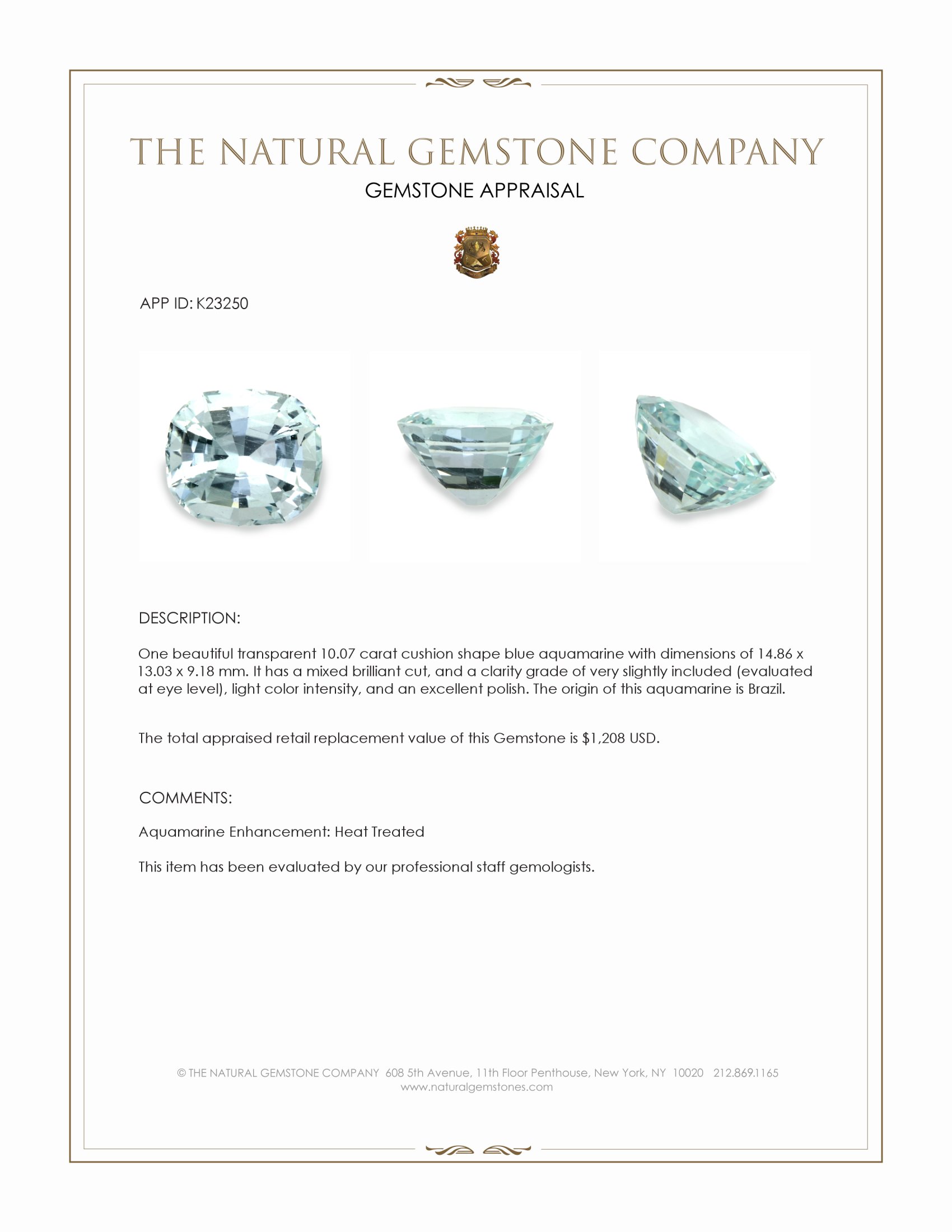 10.07 Ct. Blue Aquamarine from Brazil