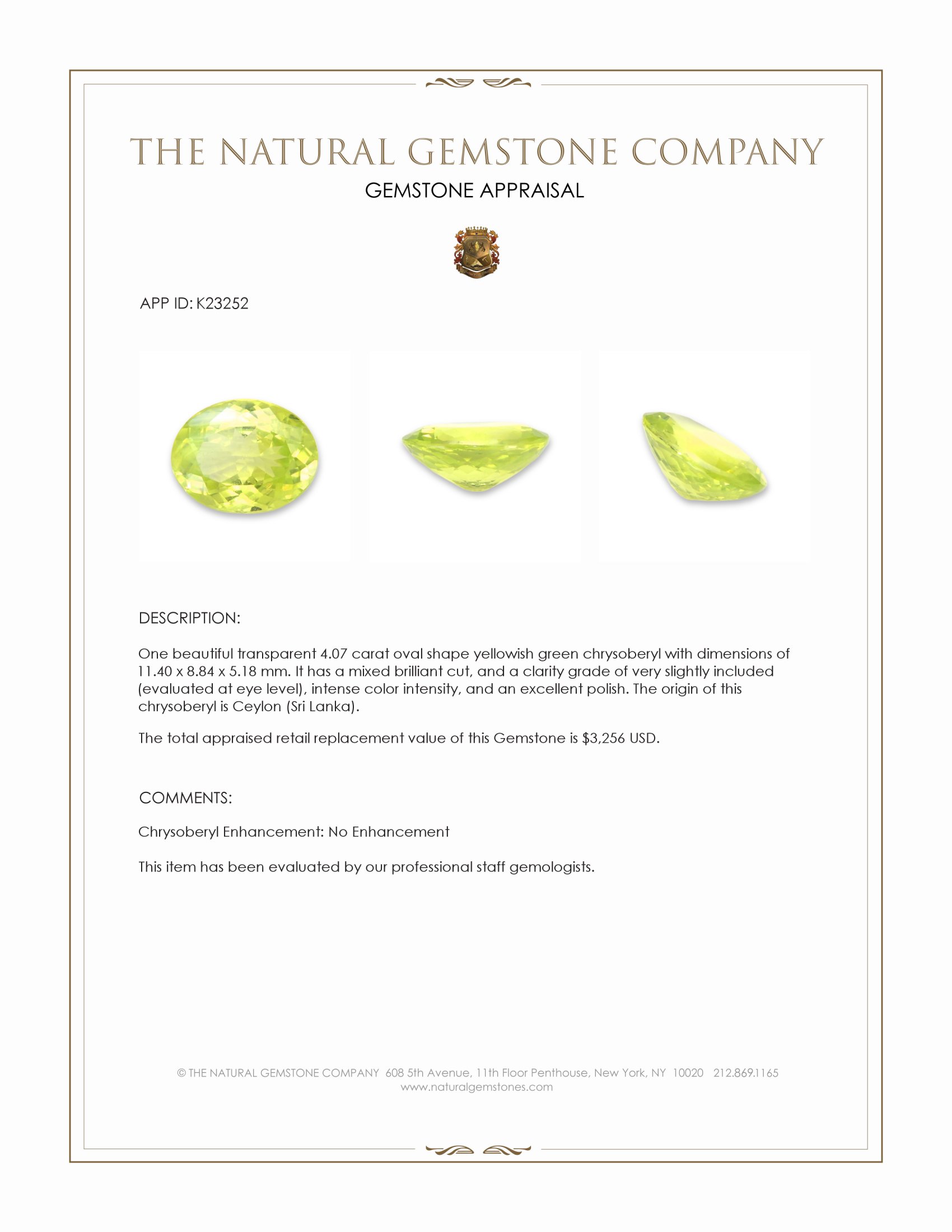 4.07 Ct. Chrysoberyl from Ceylon (Sri Lanka)