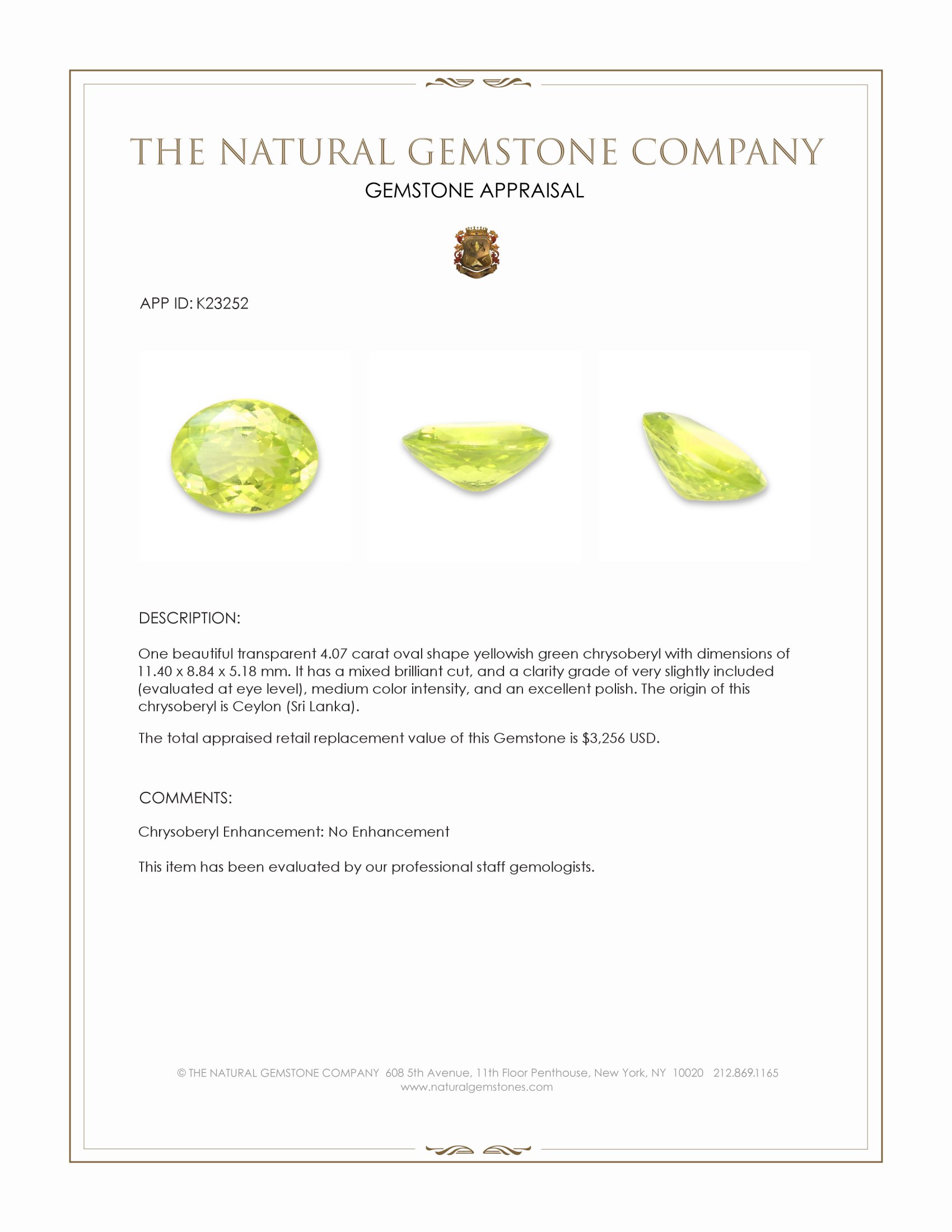 4.07 Ct. Yellowish Green Chrysoberyl from Ceylon (Sri Lanka)