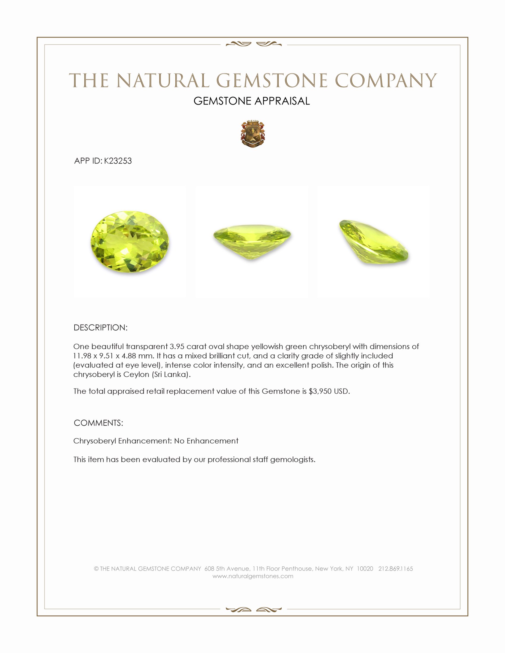 3.95 Ct. Chrysoberyl from Ceylon (Sri Lanka)