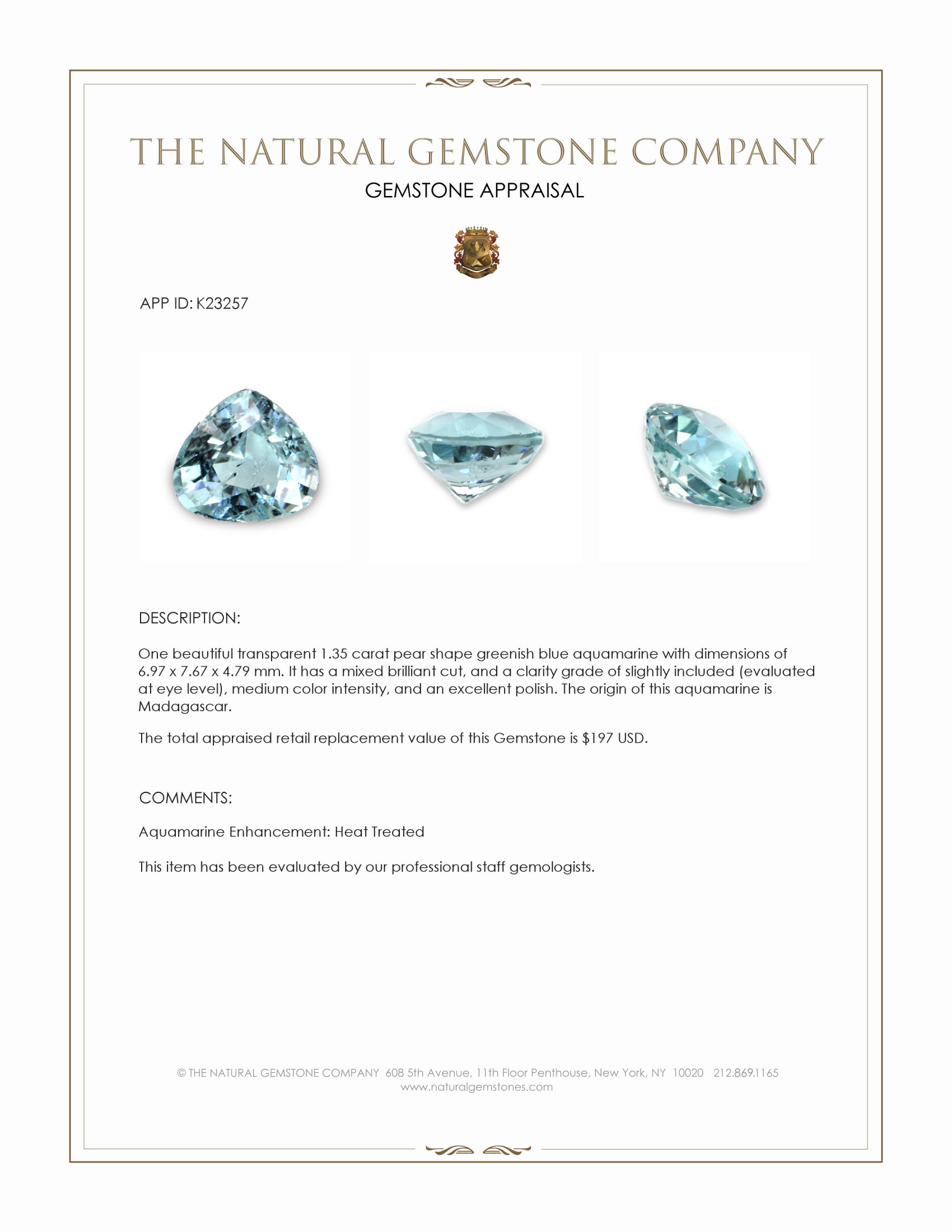 1.35 Ct. Greenish Blue Aquamarine from Madagascar