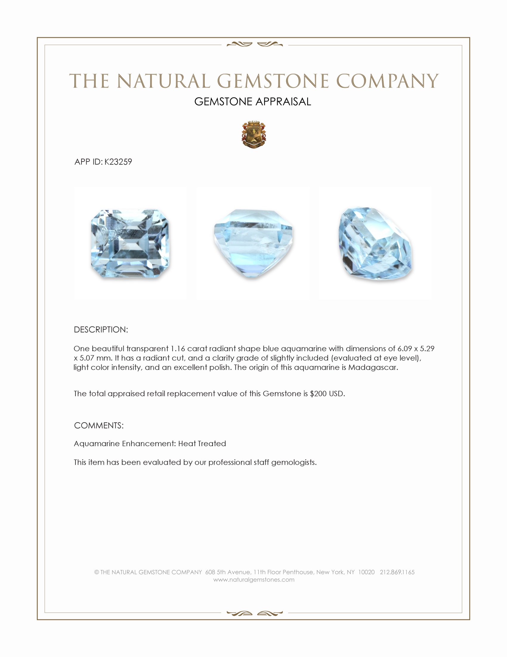 1.16 Ct. Blue Aquamarine from Madagascar