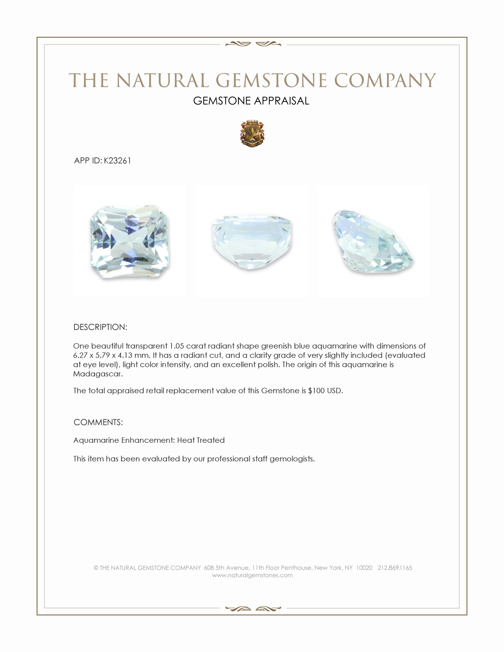 1.05 Ct. Greenish Blue Aquamarine from Madagascar