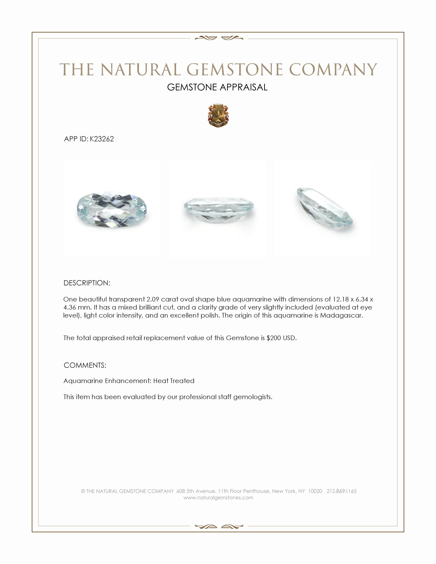 2.09 Ct. Blue Aquamarine from Madagascar