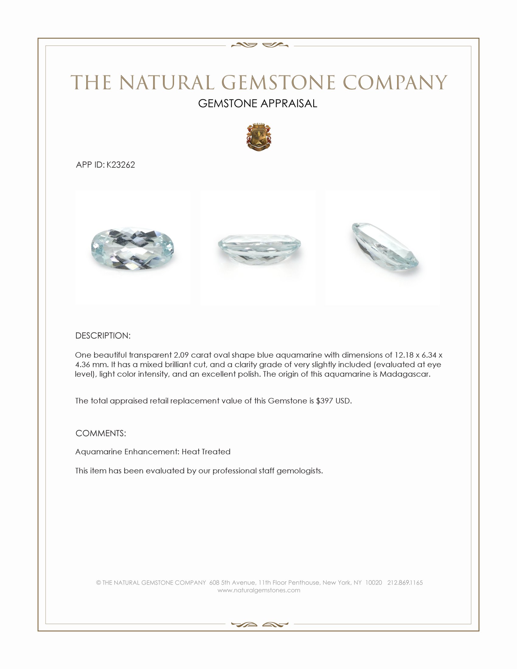 2.09 Ct. Blue Aquamarine from Madagascar