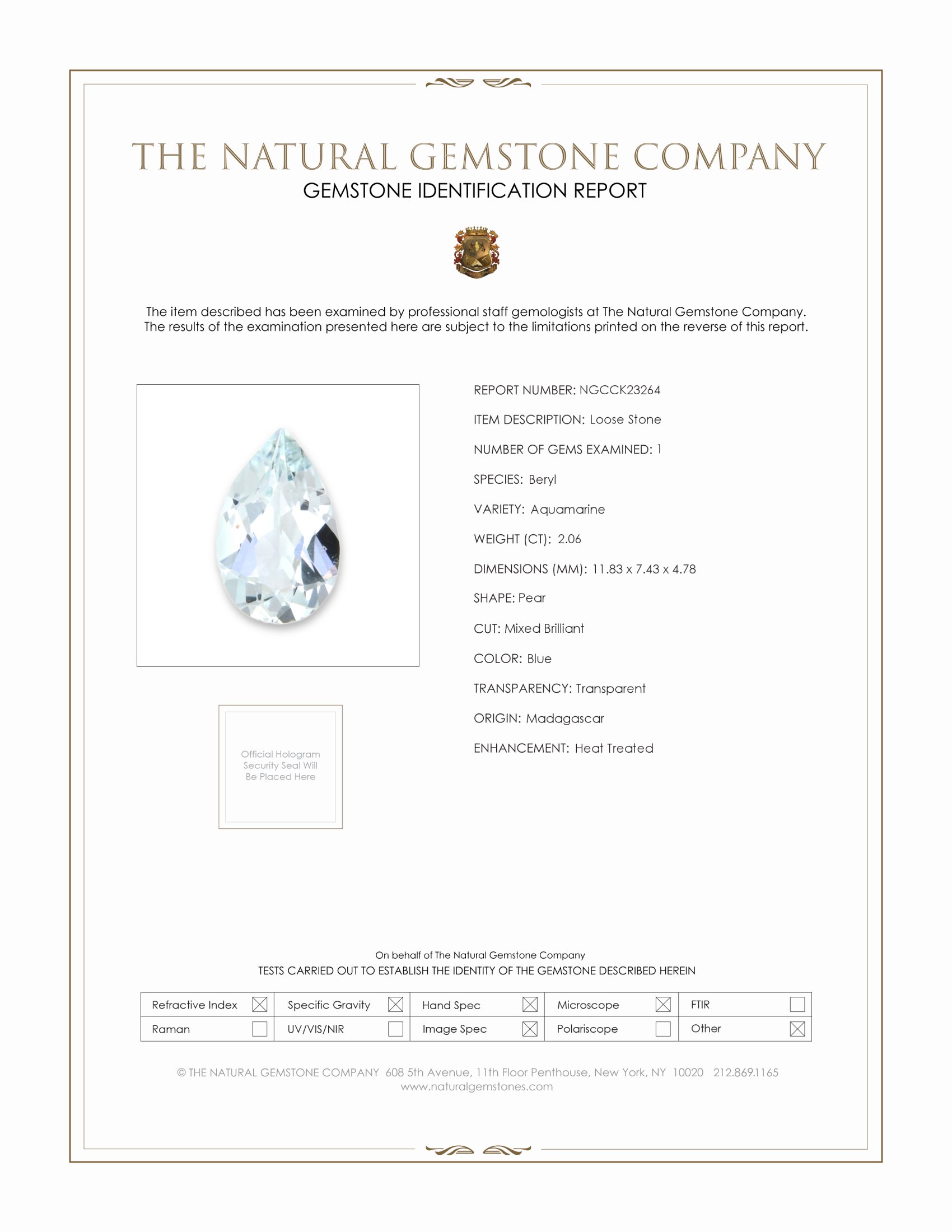 2.06 Ct. Blue Aquamarine from Madagascar
