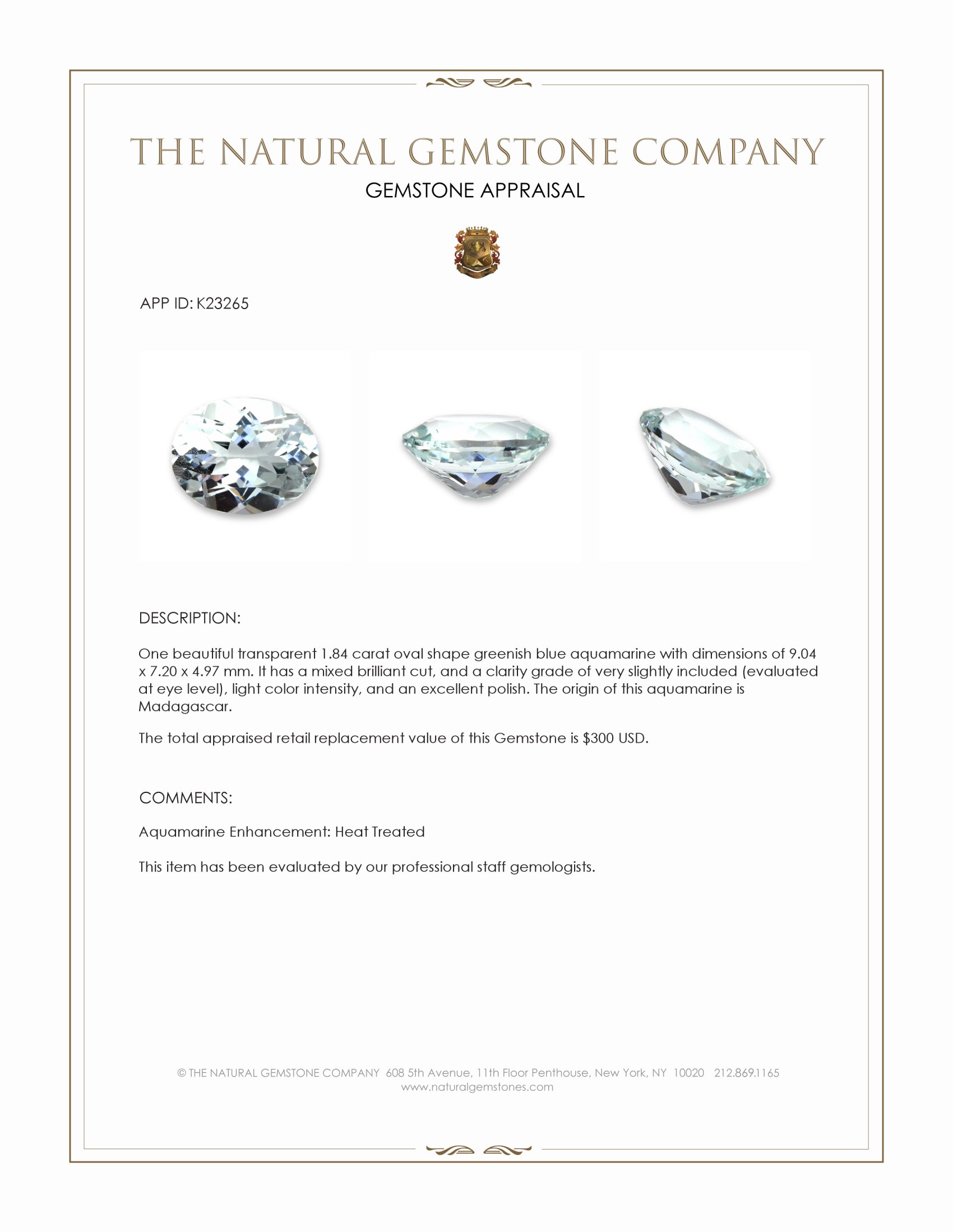 1.84 Ct. Greenish Blue Aquamarine from Madagascar