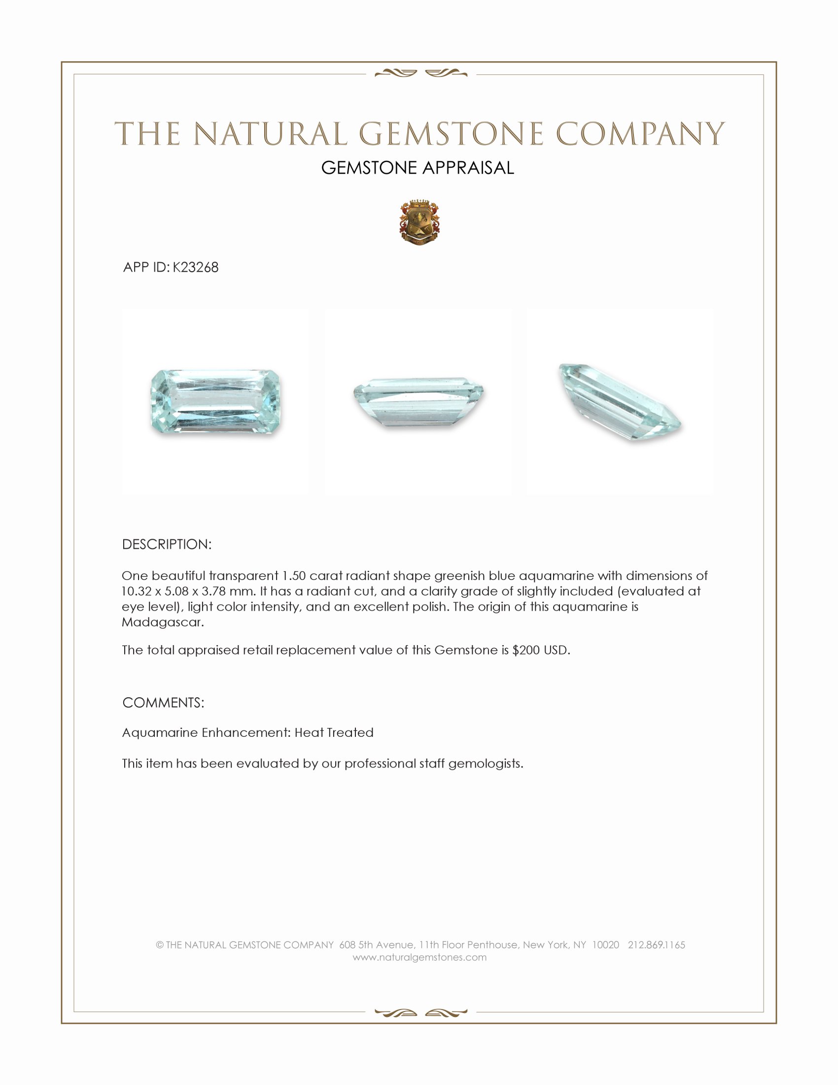 1.50 Ct. Greenish Blue Aquamarine from Madagascar