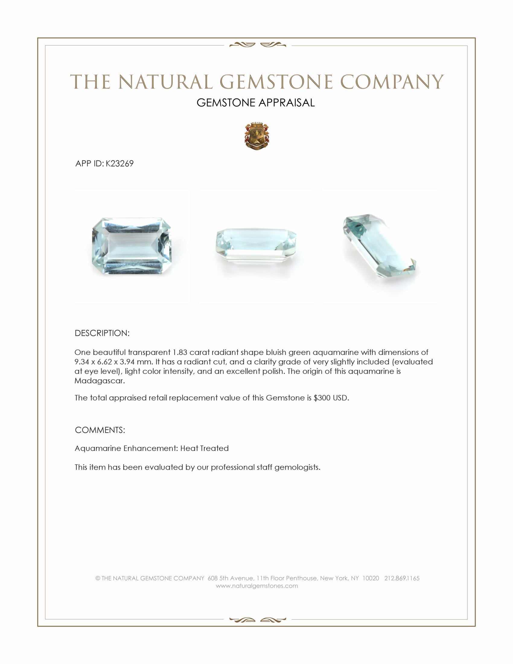 1.83 Ct. Bluish Green Aquamarine from Madagascar