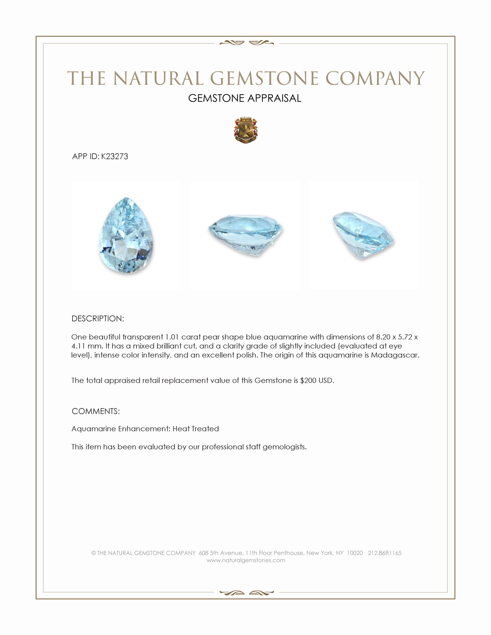 1.01 Ct. Blue Aquamarine from Madagascar