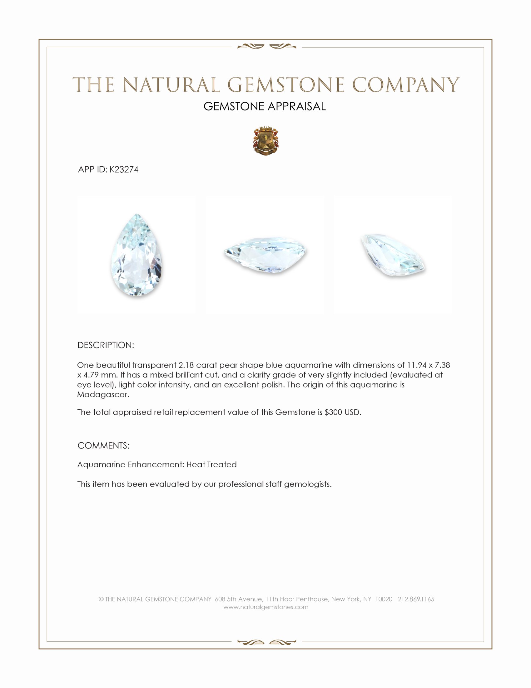 2.18 Ct. Blue Aquamarine from Madagascar