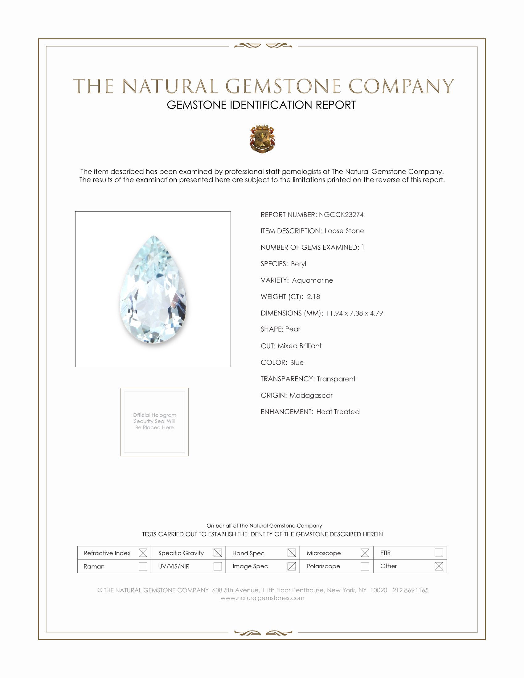 2.18 Ct. Blue Aquamarine from Madagascar