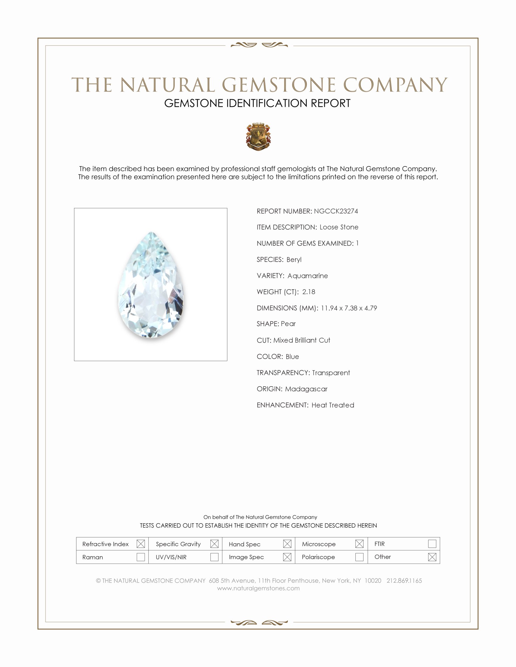 2.18 Ct. Blue Aquamarine from Madagascar