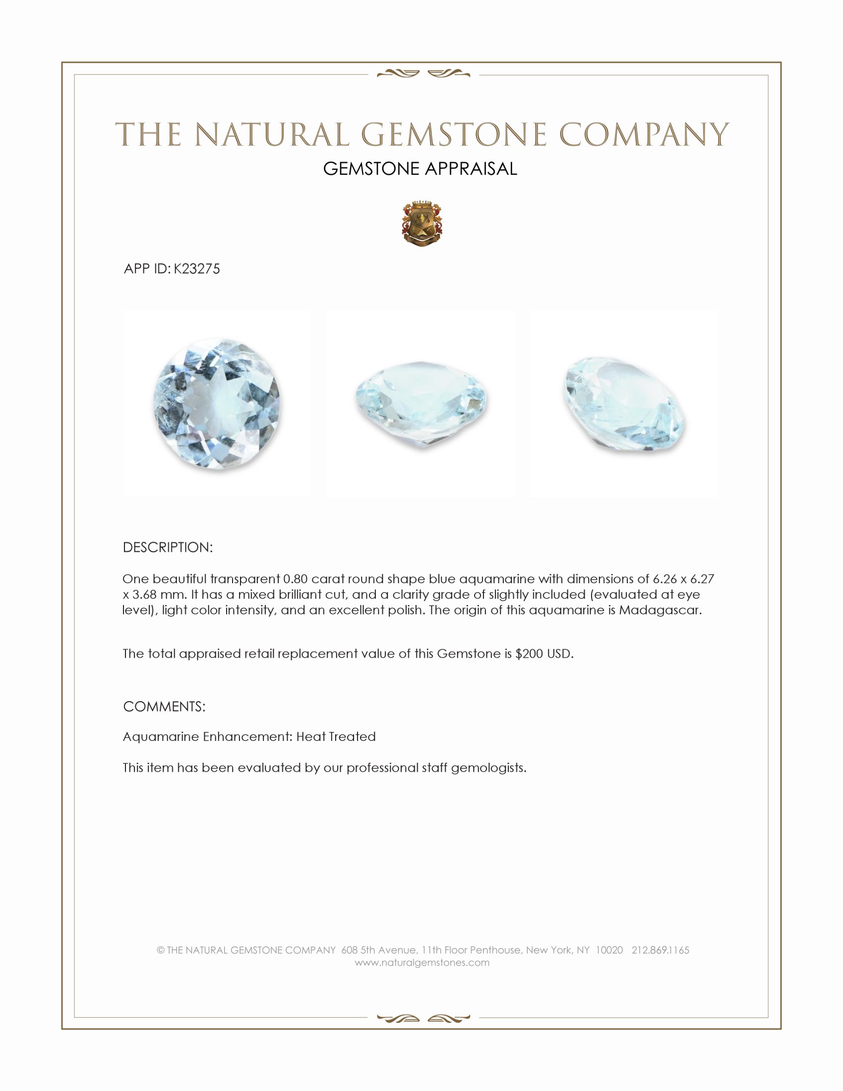 0.80 Ct. Blue Aquamarine from Madagascar